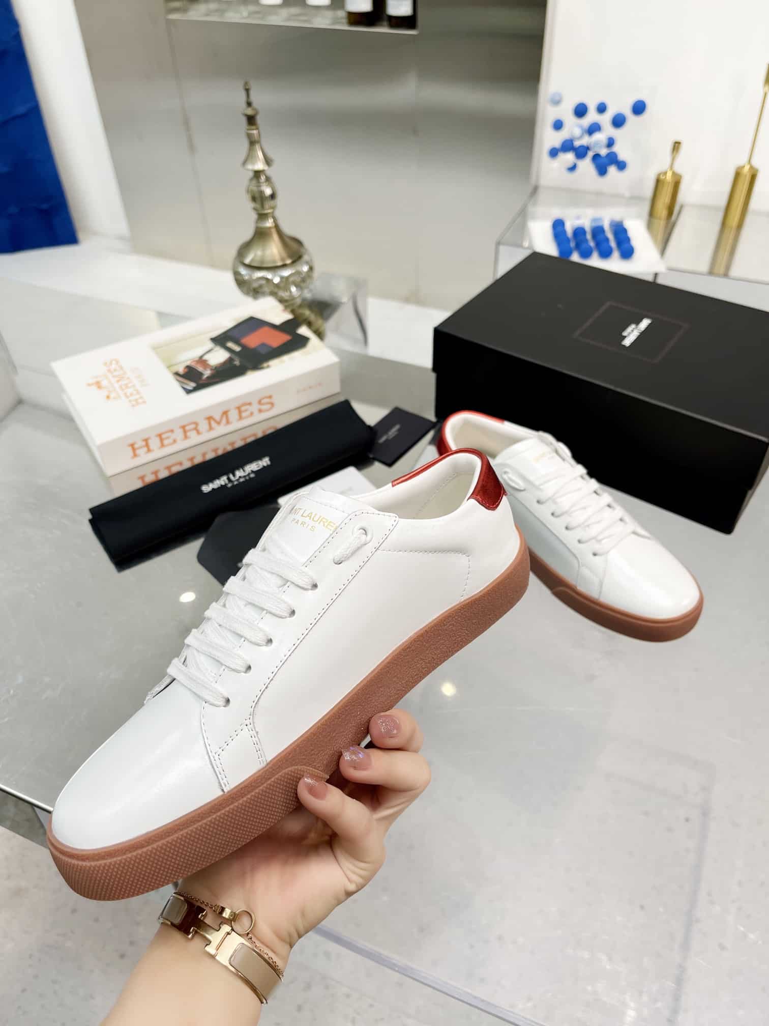 Saint Laurent Court Classic Embroidered Sneakers White And Red