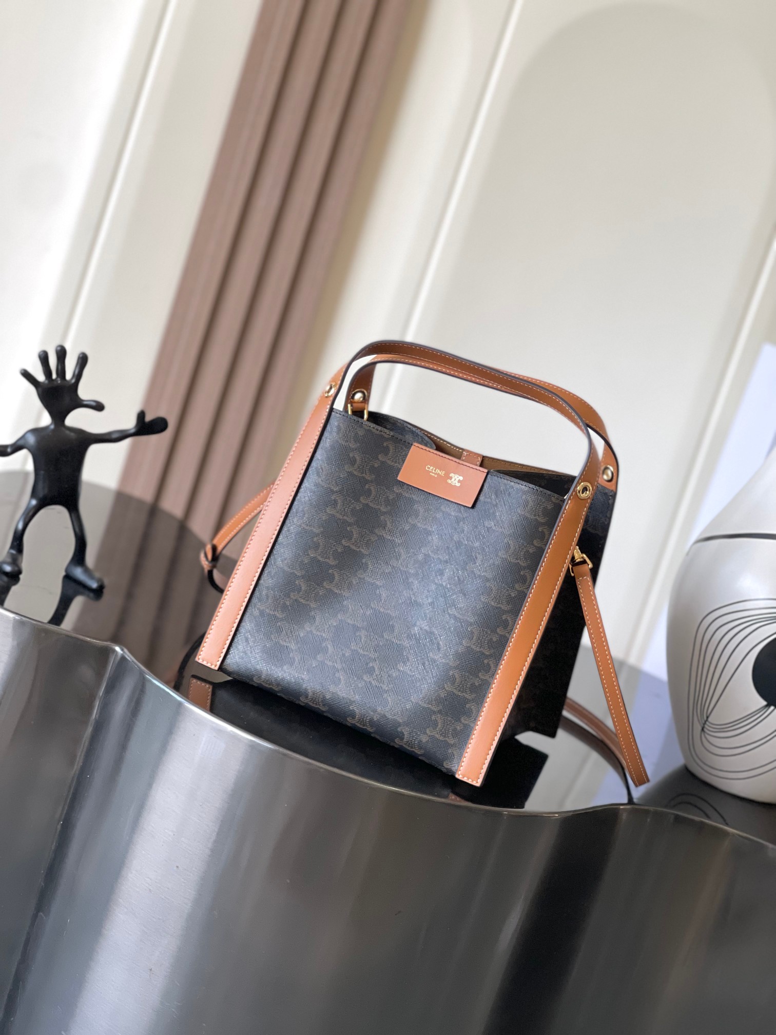 CELINE SMALL CUBE BAG IN Triomphe Canvas and NATURAL Calfskin