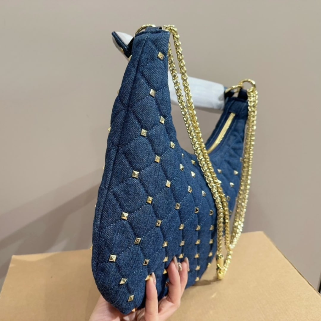 Valentino Garavani Rockstud Spike Denim Hobo Bag In Denim Blue 28Cm 3W2B0M32Bmk