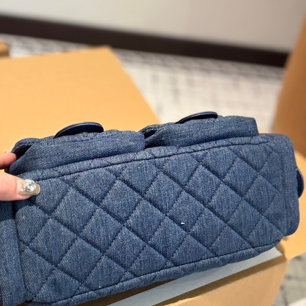 Chanel Large Hobo Bag Washed Denim And Gold Tone Metal Dark Blue 31Cm