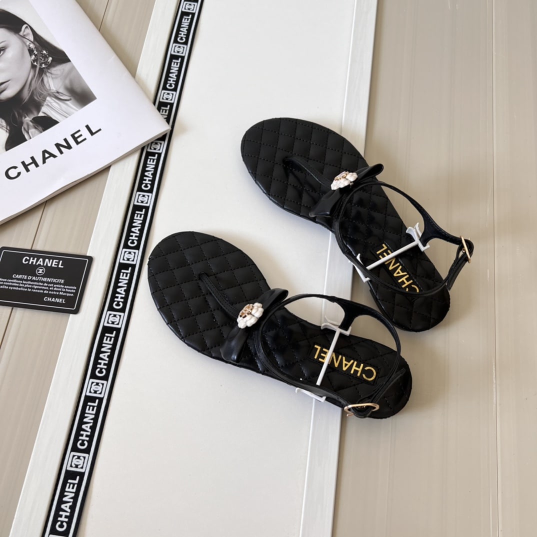 Chanel Black Quilted Leather With White Camellia Cc Logo Sandals G45258 X01000 94305