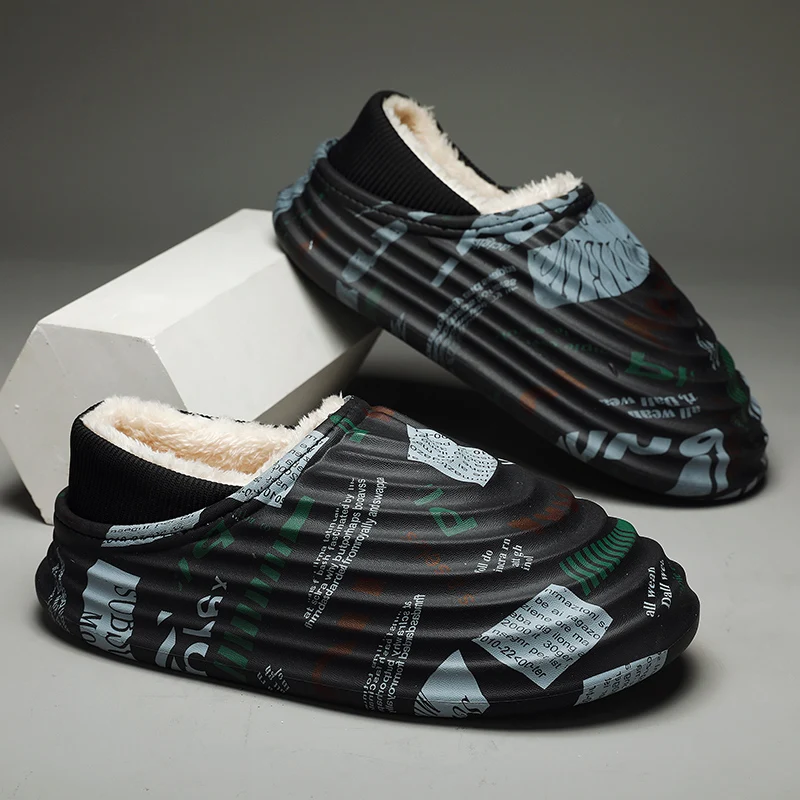 Platform Shoes Casual Cotton Slippers Black Indoor Winter Footwear for Men Waterproof Wear-resistant Non-slip Fashion