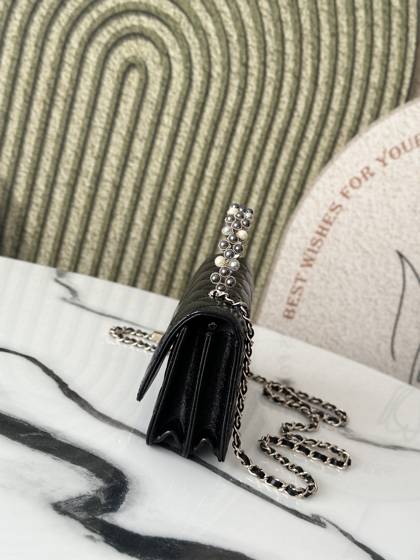 26C Black Shiny Calfskin Quilted Wallet On Chain (WOC) with Imitation Pearl & Crystal Handle