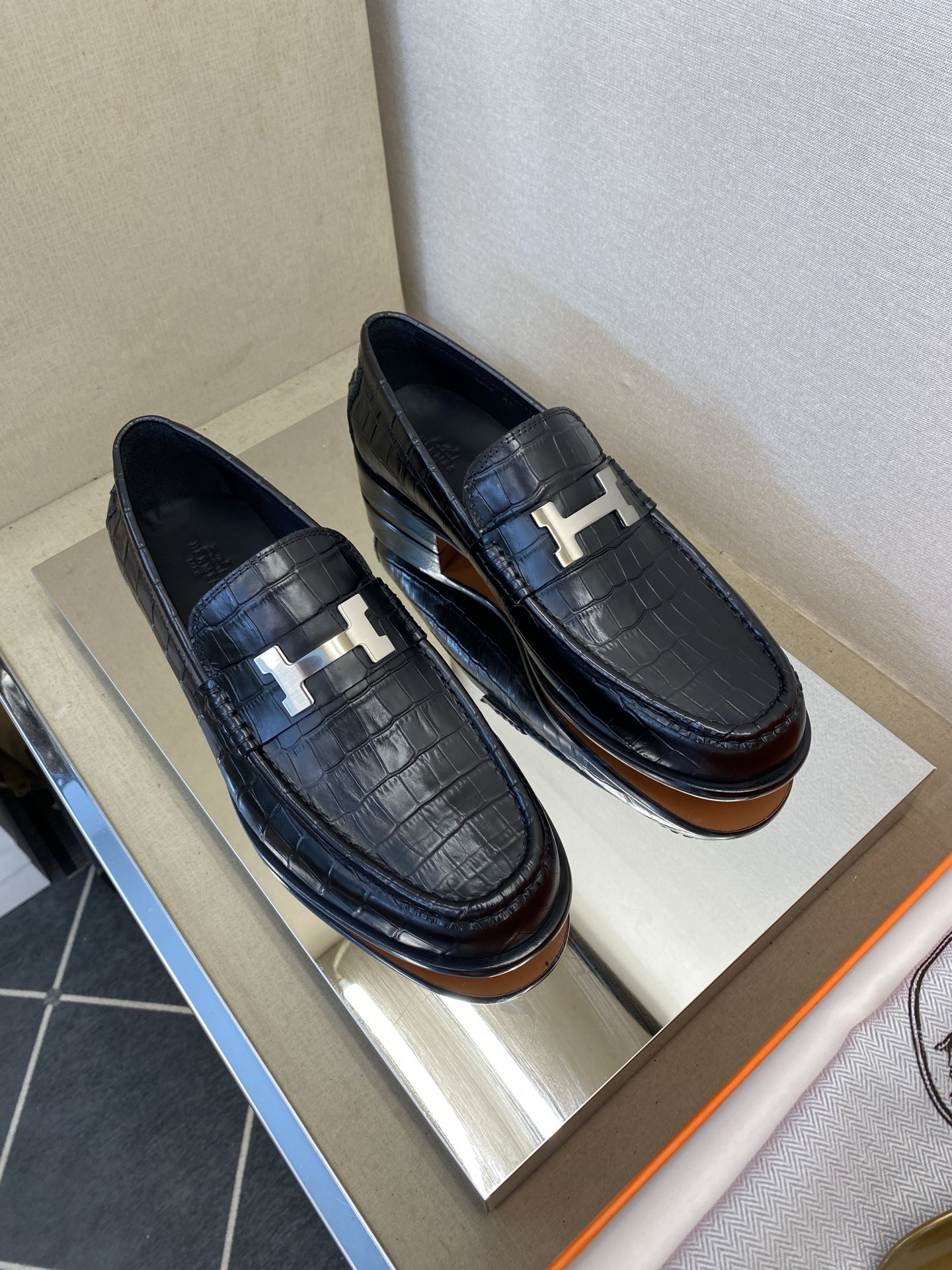 Hermès Iconic H Buckle Alligator Leather Loafers Black- Shoes for Men