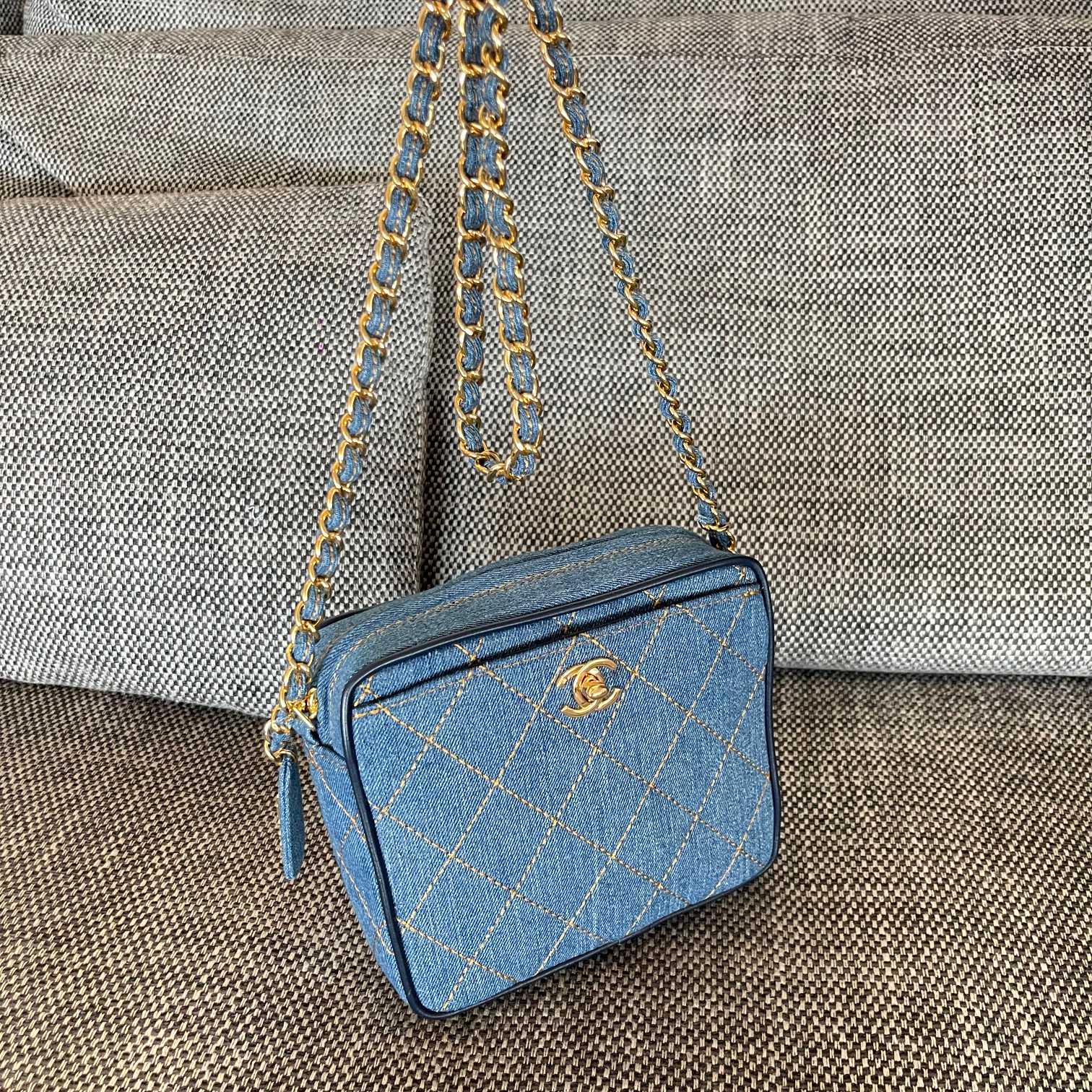 Vintage Blue Denim Quilted Camera Shoulder Bag with Gold-Tone Hardware & Chain Strap
