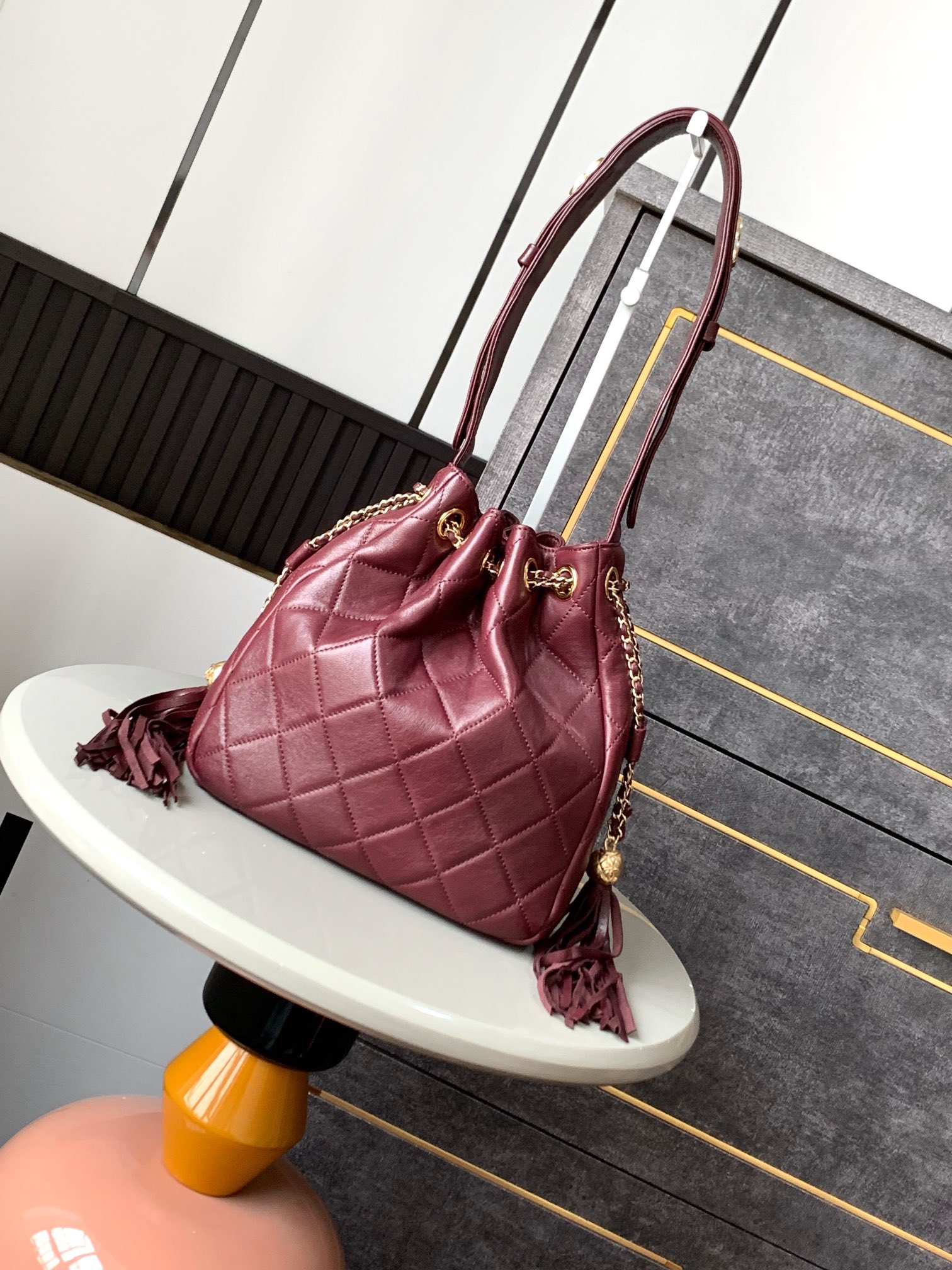 Chanel Vintage Deep Red Calfskin Medium Bucket Chain Bag