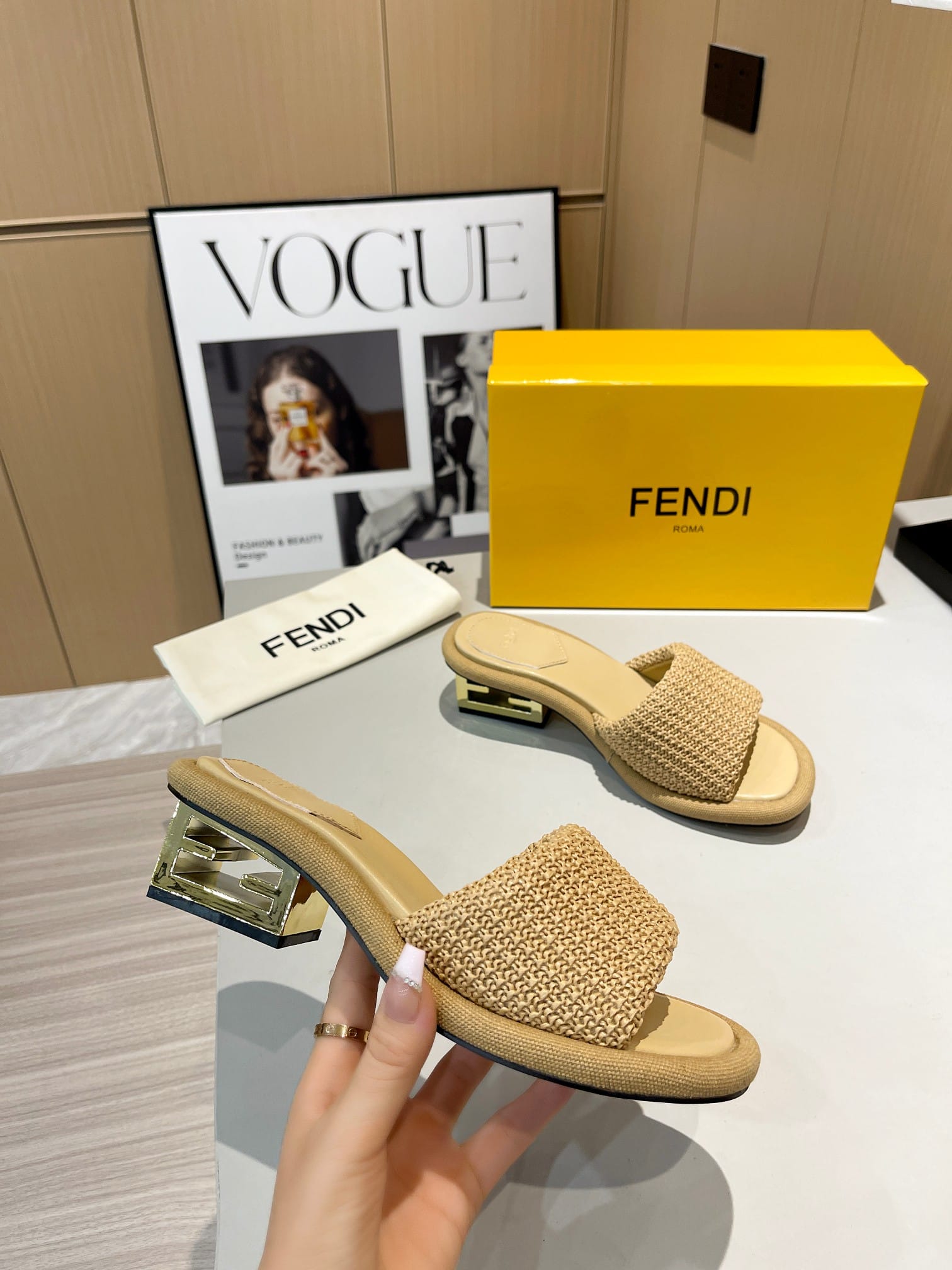 Fendi Baguette Raffia Slide Sandal Natural Neutral