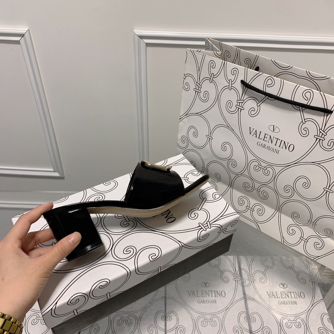 Valentino VLogo Signature Square-Toe Mid-Heel Slide Sandals - Black