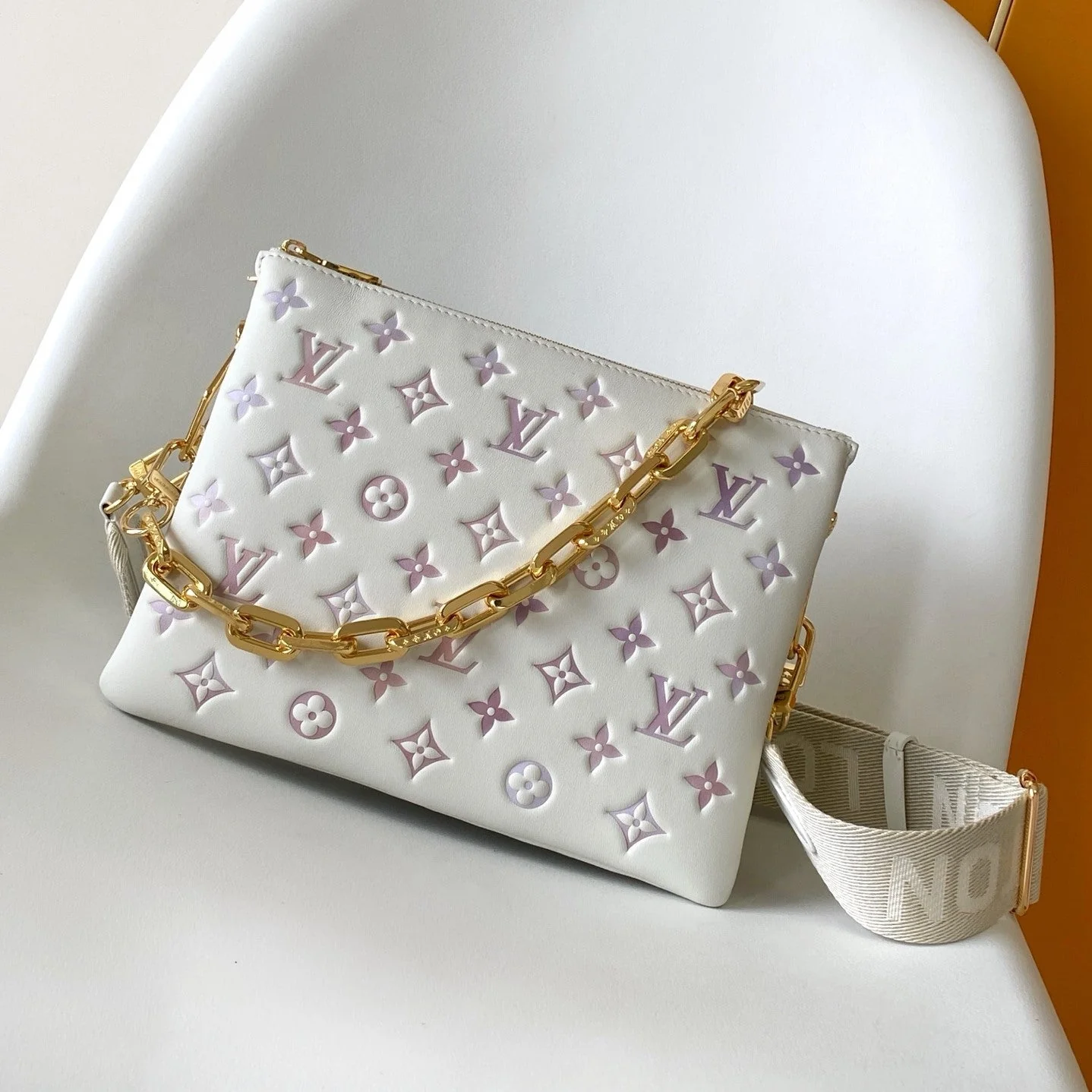 LV Coussin PM 26cm Cream Purple Monogram Empreinte Calfskin GHW
