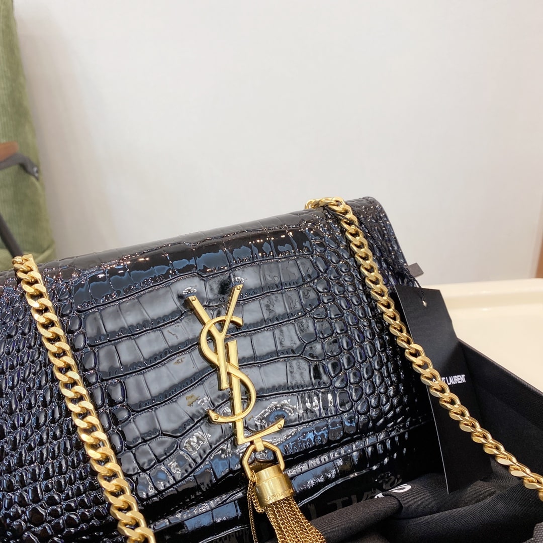Saint Laurent Kate Medium With Tassel In Shiny Crocodile Embossed Leather Black 22Cm 354119Aaay14083
