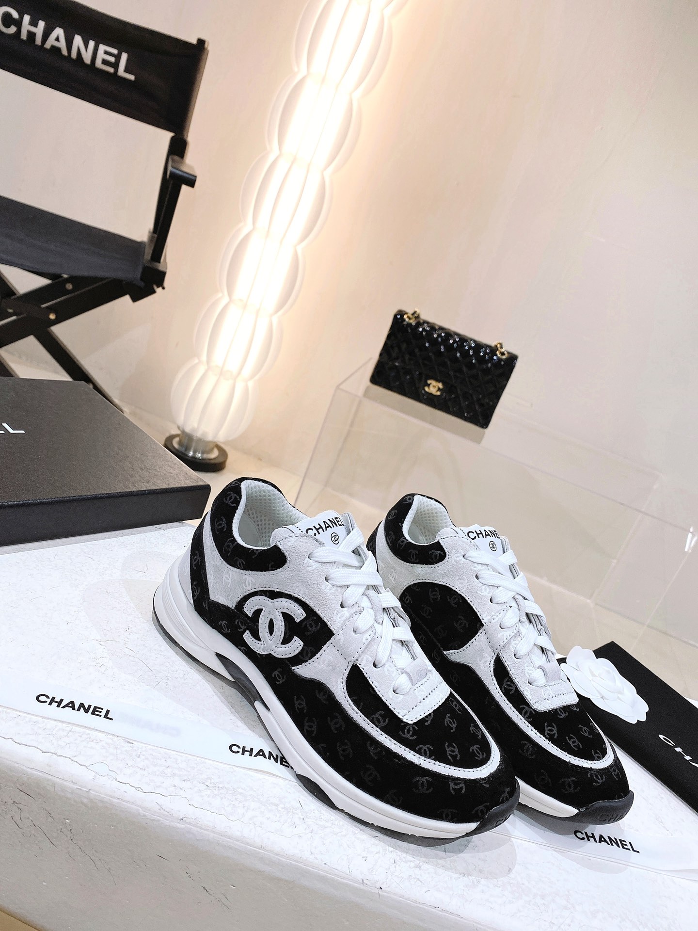 Chanel Printed Suede Calfskin Sneakers White And Black G39230 X56653 94305