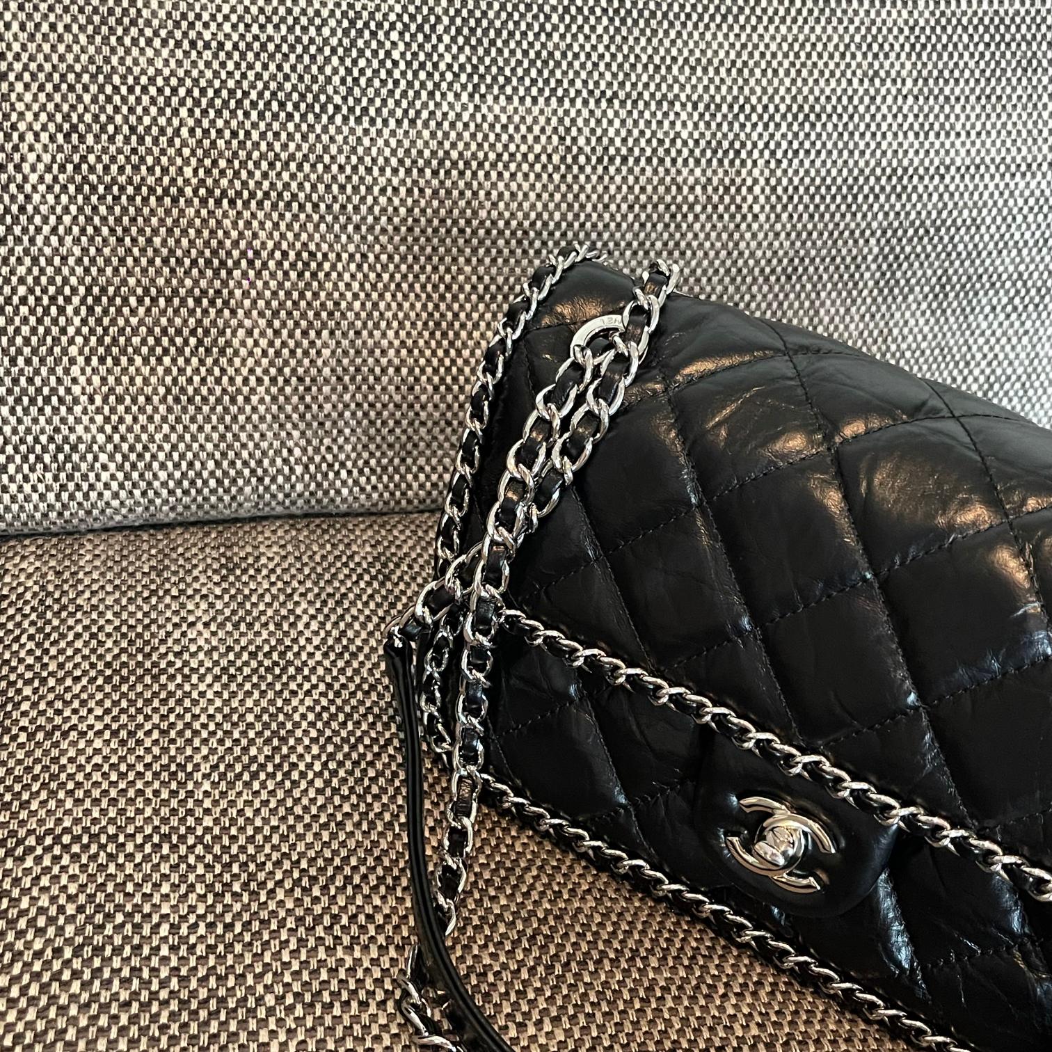 Black Quilted Glazed Calfskin Flap Handbag with Silver-Tone Chain Trim and Turnlock Hardware