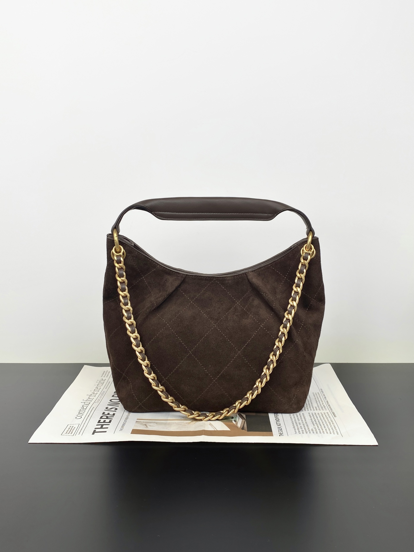 26C Dark Brown Quilted Suede Calfskin Hobo Shoulder Bag with Gold Hardware