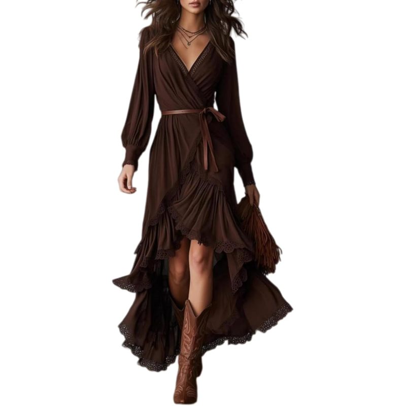 Wrap V Neck High Low Maxi Dress Long Puff Sleeve Eyelet Lace Trim