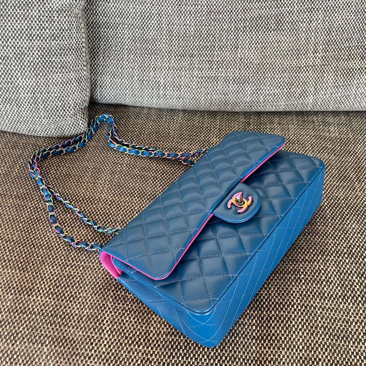 Vintage Classic Double Flap Bright Blue Quilted Lambskin Shoulder Bag with Multicolor Iridescent CC Turn-Lock & Chain Strap