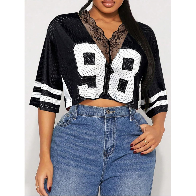 Women's Number Graphic Tees Lace V Neck