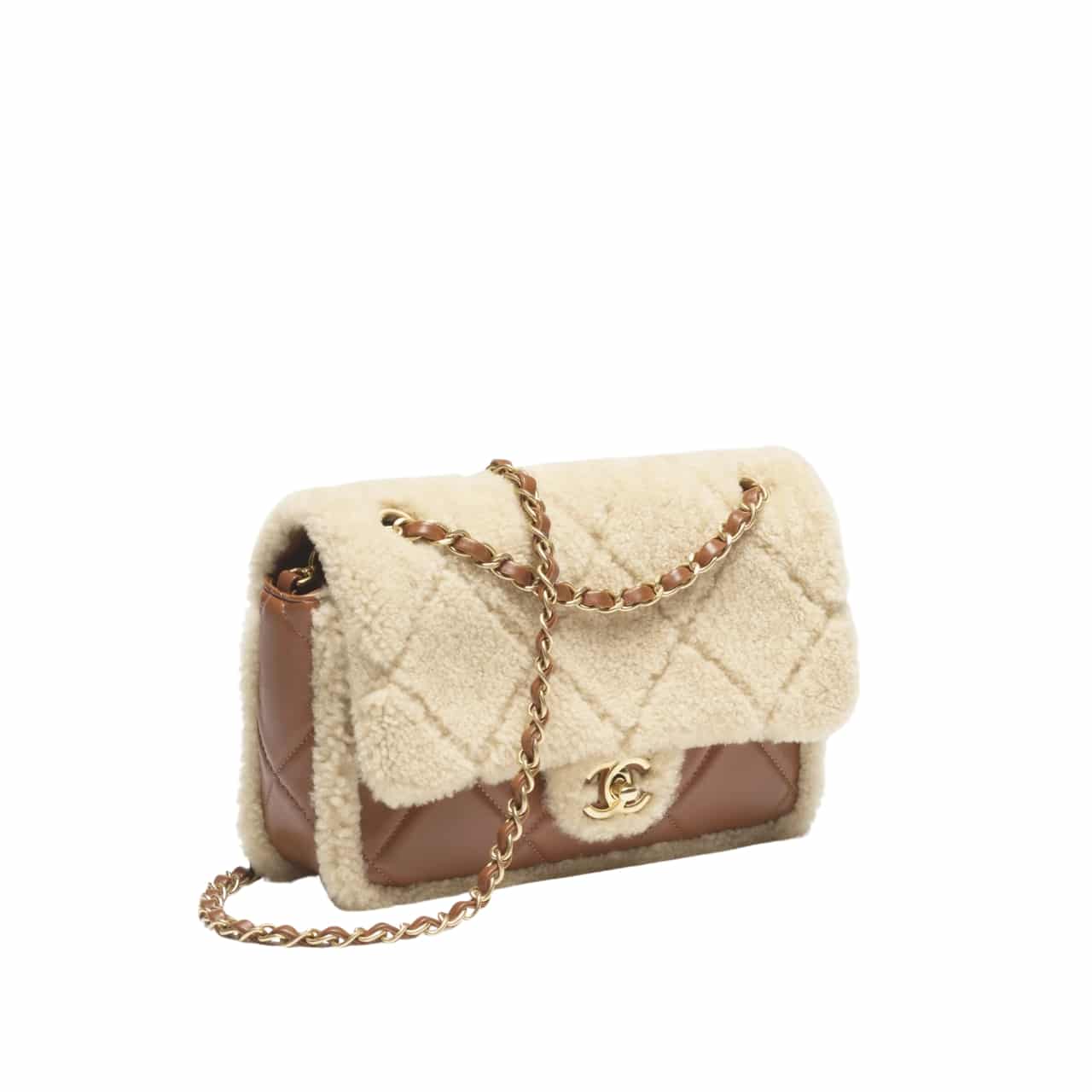 Chanel Flap Bag Shearling Beige And Brown 23Cm
