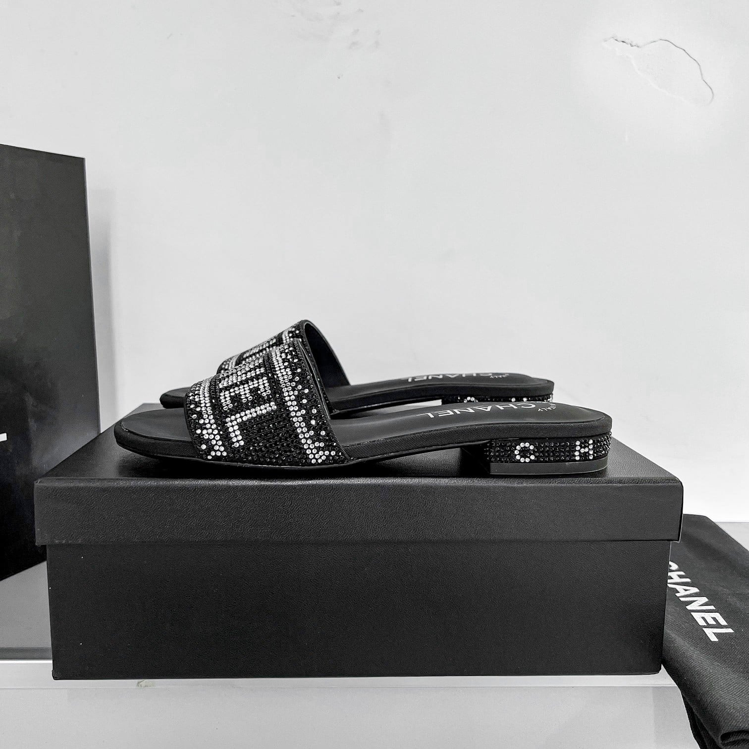 Chanel 24P Beaded Diamond Slippers Black