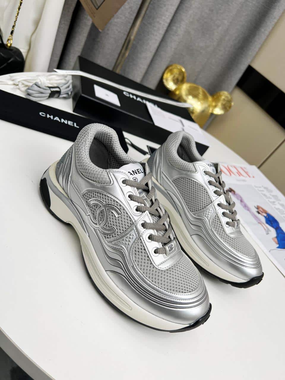 Chanel 23C Silver Metallic Cc Logo Lace Up Flat Runner Trainer Sneaker Gray