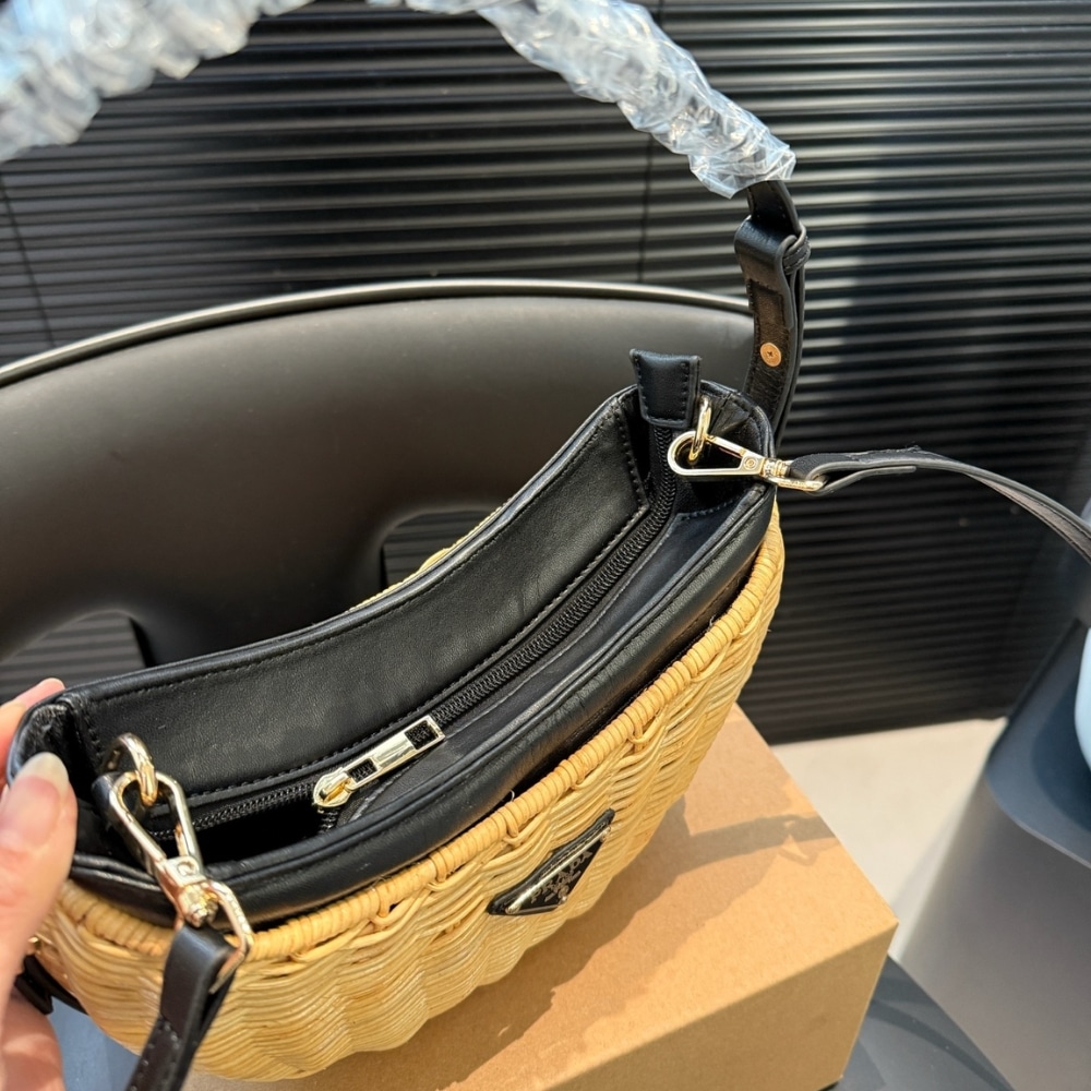 Prada Wicker And Leather Arqué Bag Black 22Cm 1Bc202 2Cyf F0I55 V Ooo