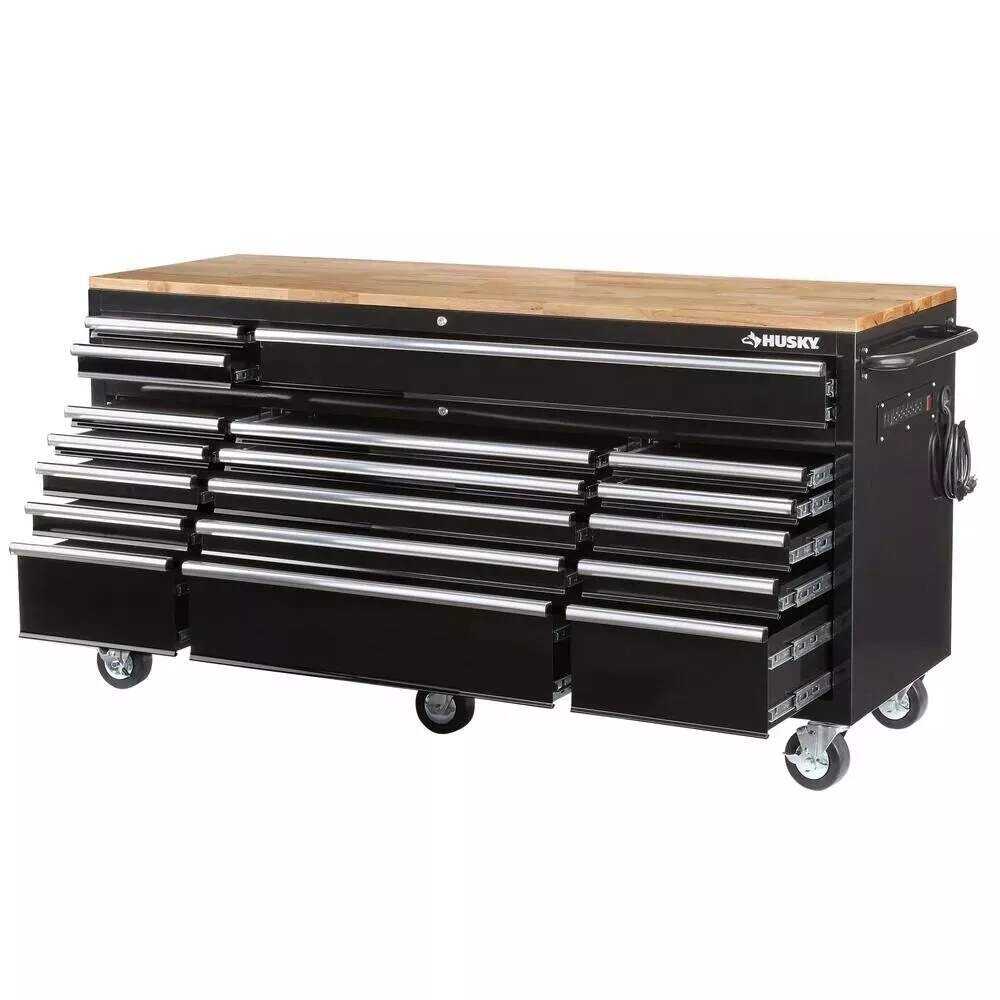 Husky 62 in. W x 24 in. D Standard Duty 14-Drawer Mobile Workbench Cabinet Tool Chest with Solid Wood Top in Gloss Black
