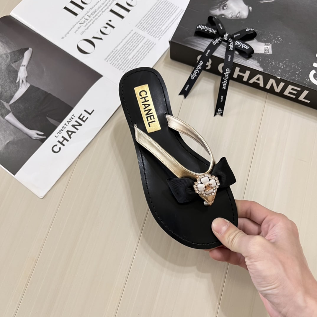 Chanel Thong Slide White Camellia Cc Logo Bow Black