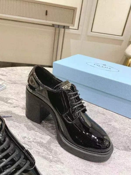 Prada Heeled Brushed Leather Lace-Ups Shiny Black