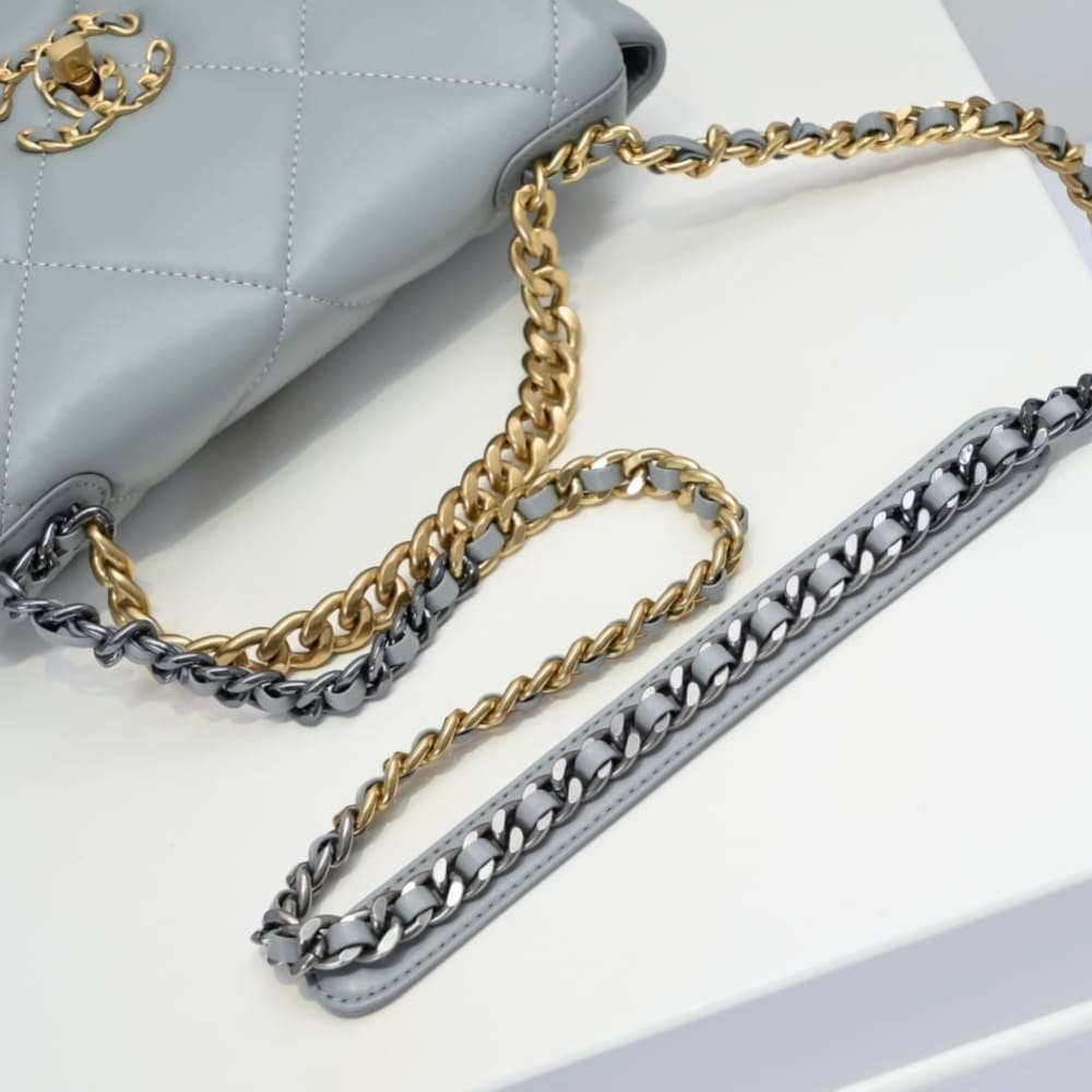 Chanel 19 Flap Bag Shiny Gold And Silver Tone Light Blue 26Cm