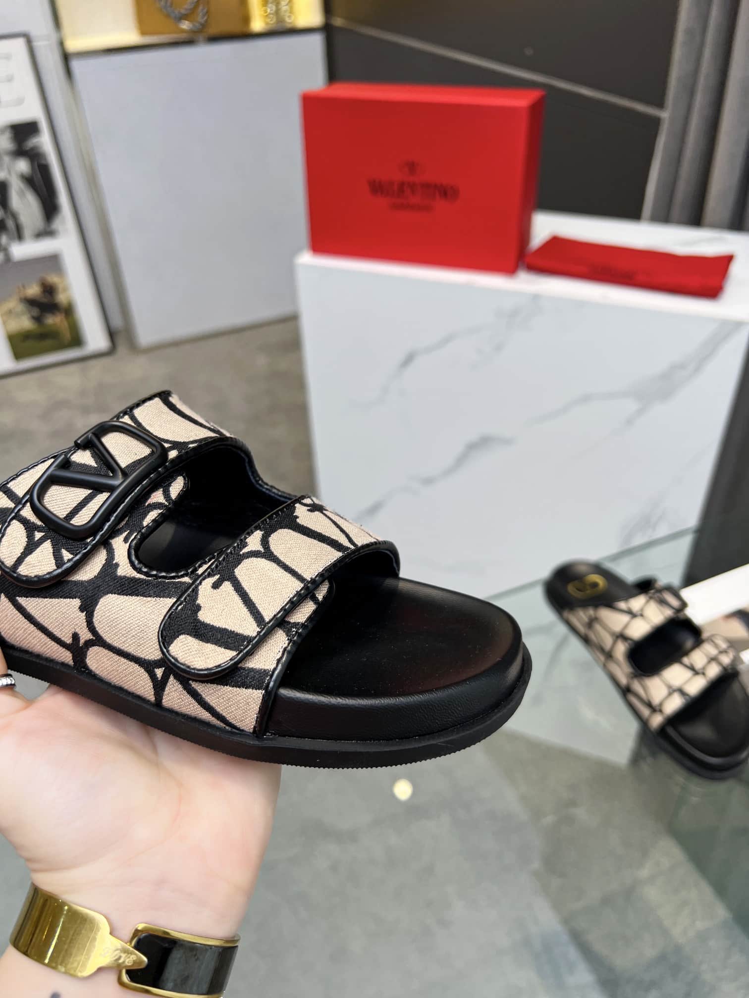 Valentino Garavani VLogo Toile Iconographe Sandal Black Beige