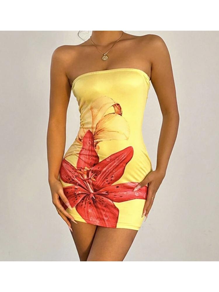 Floral Printed Bodycon Strapless Mini Dress