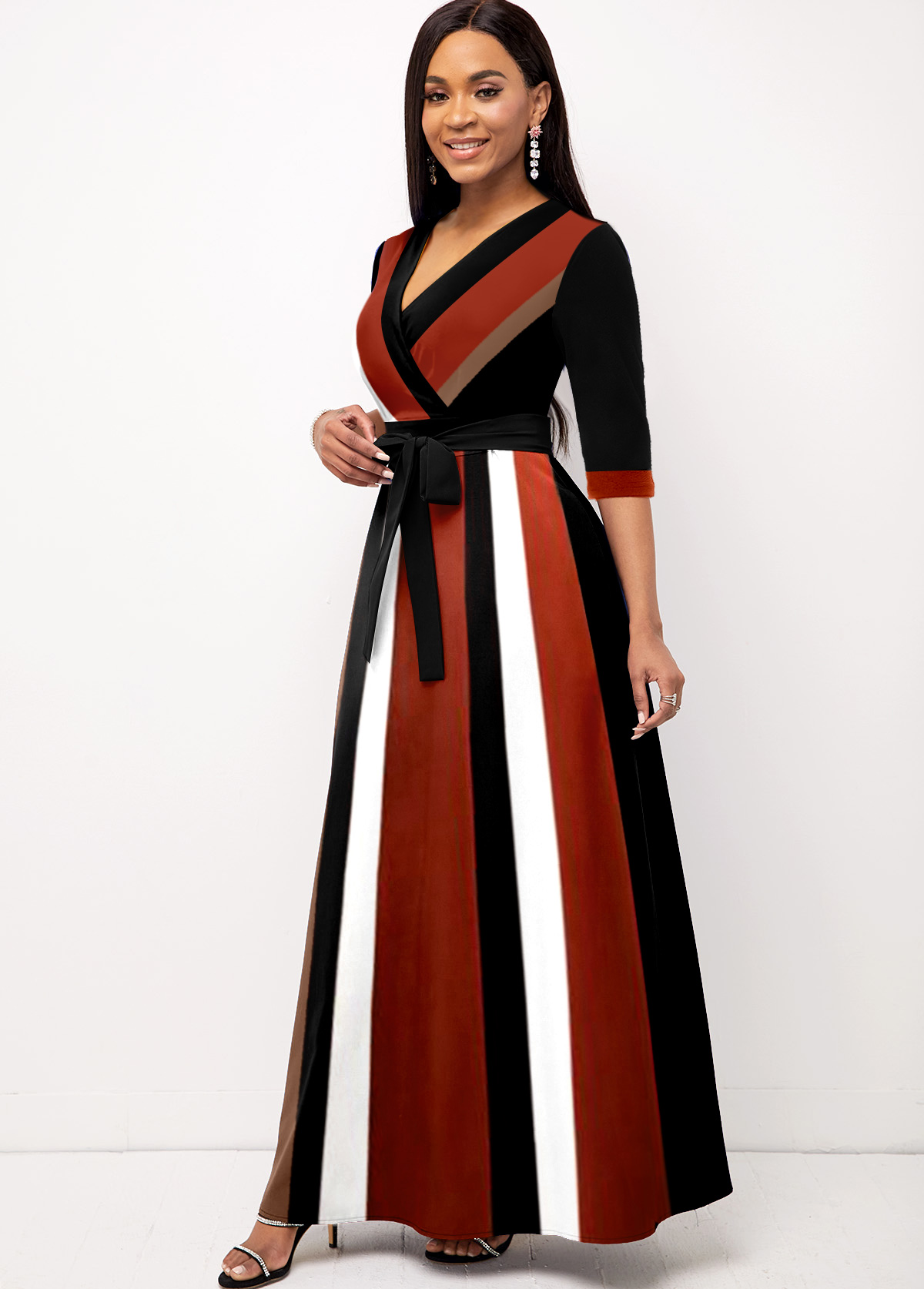 Striped Surplice Belted Dark Coffee Dress