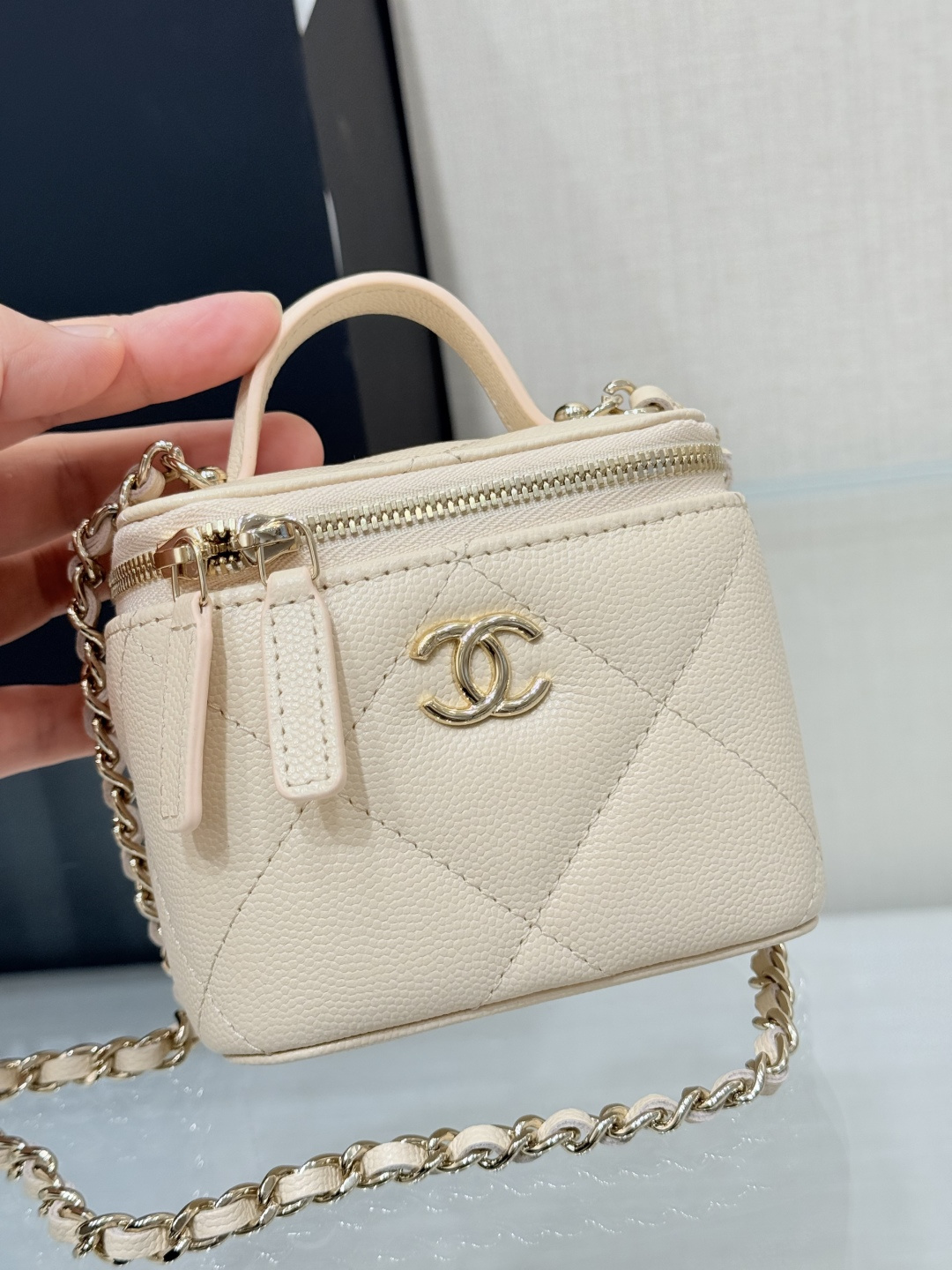 Mini Top Handle Vanity Case (AS5993) in Beige Quilted Grained Calfskin (Caviar) with Antique Gold-Tone Hardware
