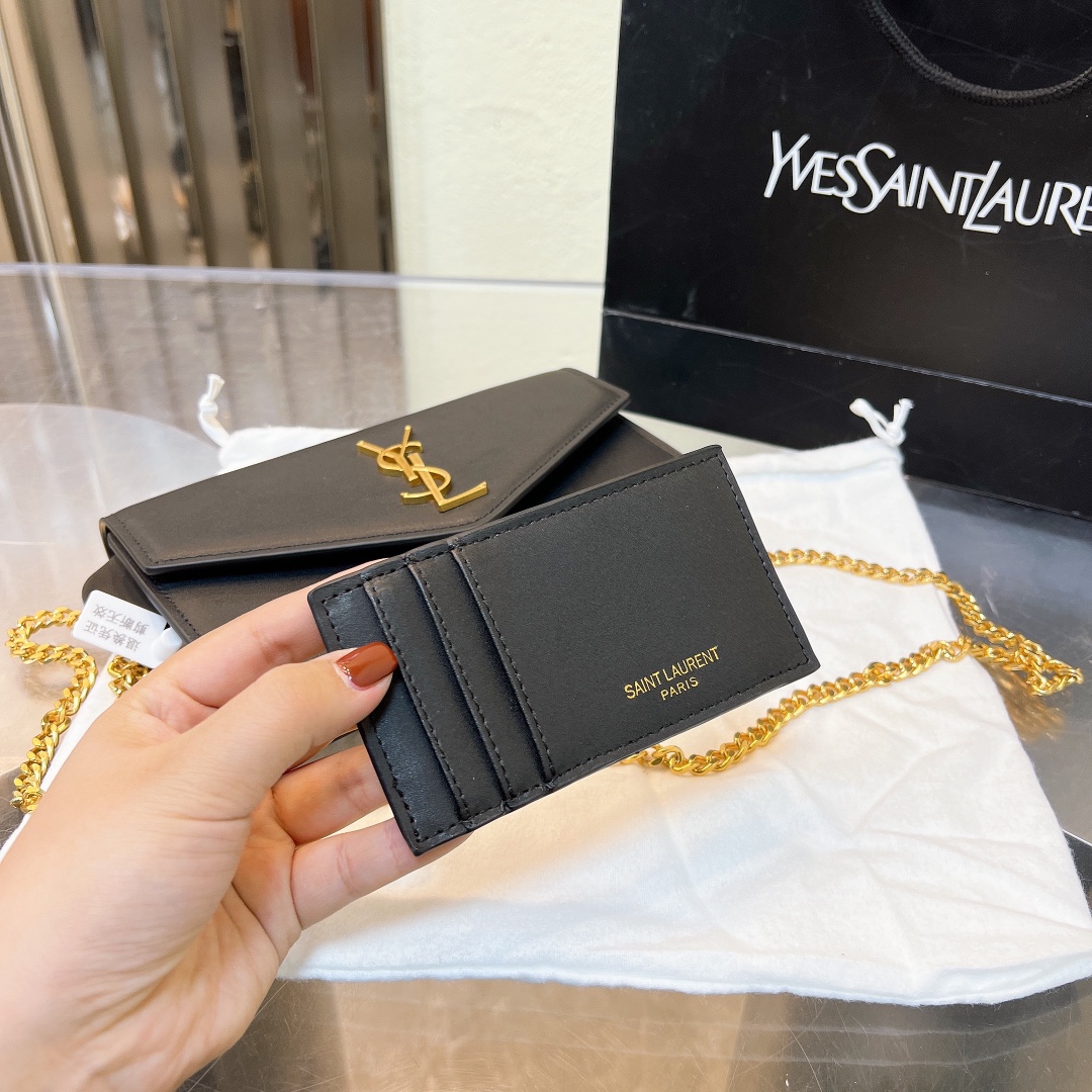Saint Laurent Uptown Chain Wallet In Grain De Poudre Embossed Black 19Cm
