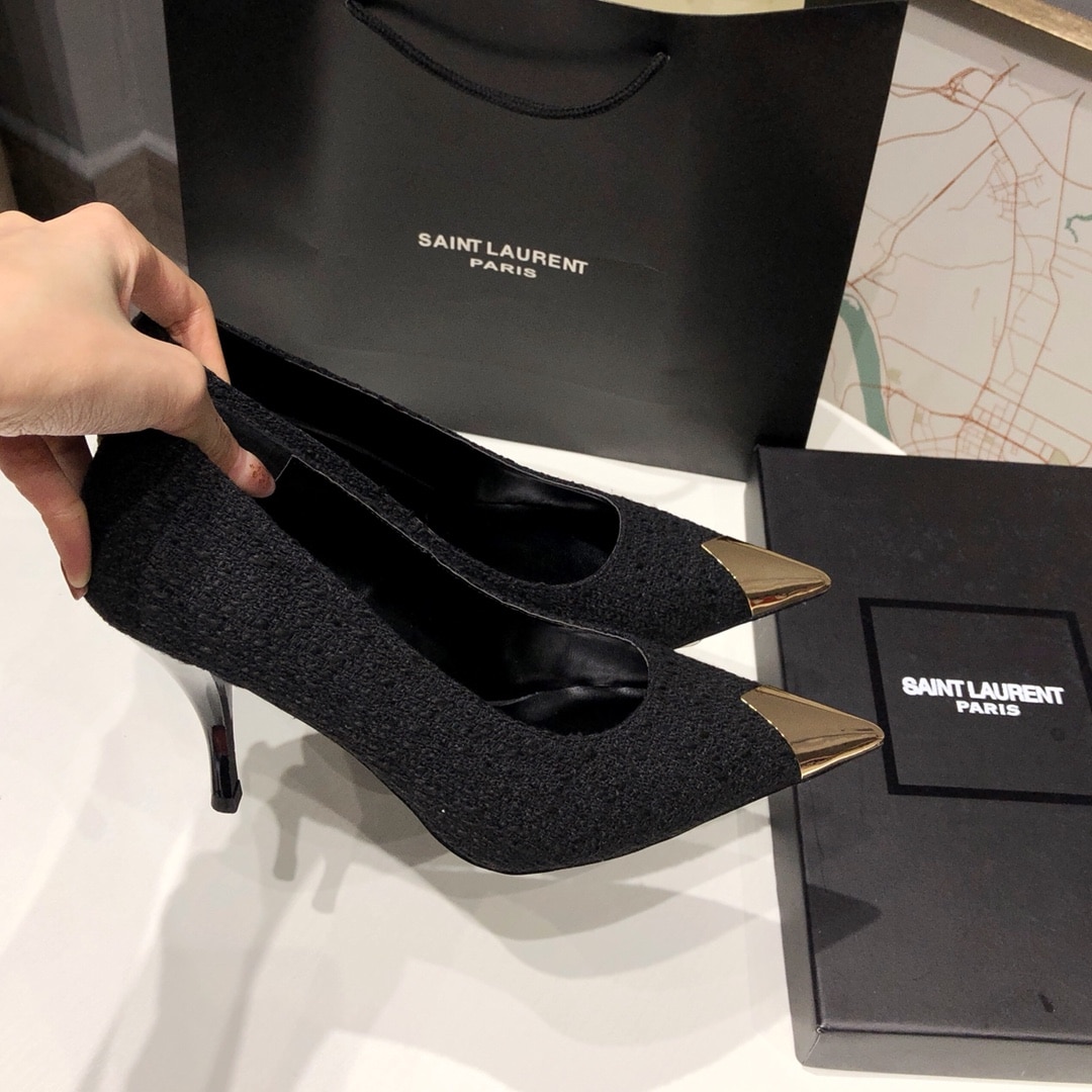 Saint Laurent Vesper Leather Trimmed Bouclé Pumps Black