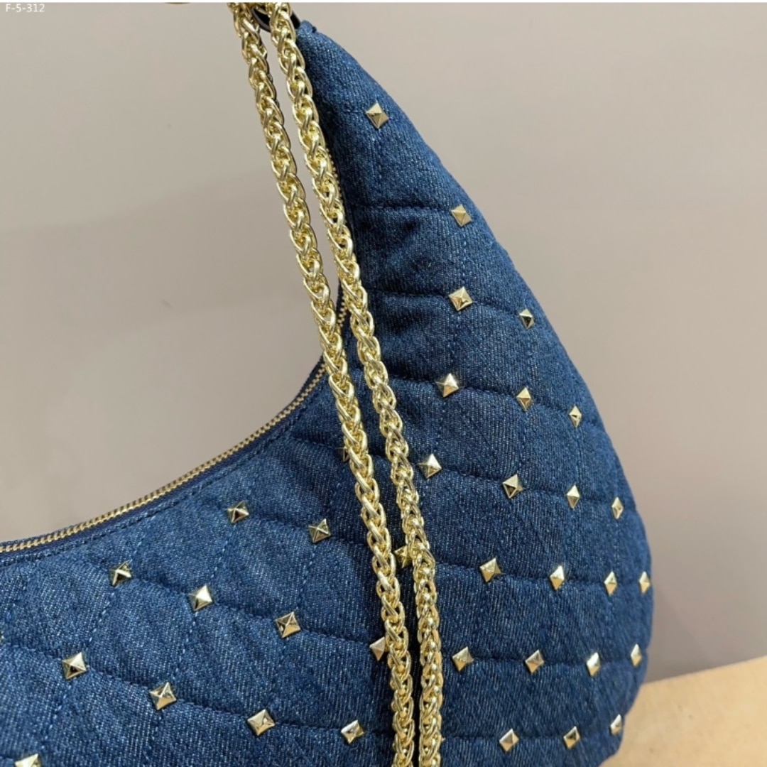 Valentino Garavani Rockstud Spike Denim Hobo Bag In Denim Blue 28Cm 3W2B0M32Bmk