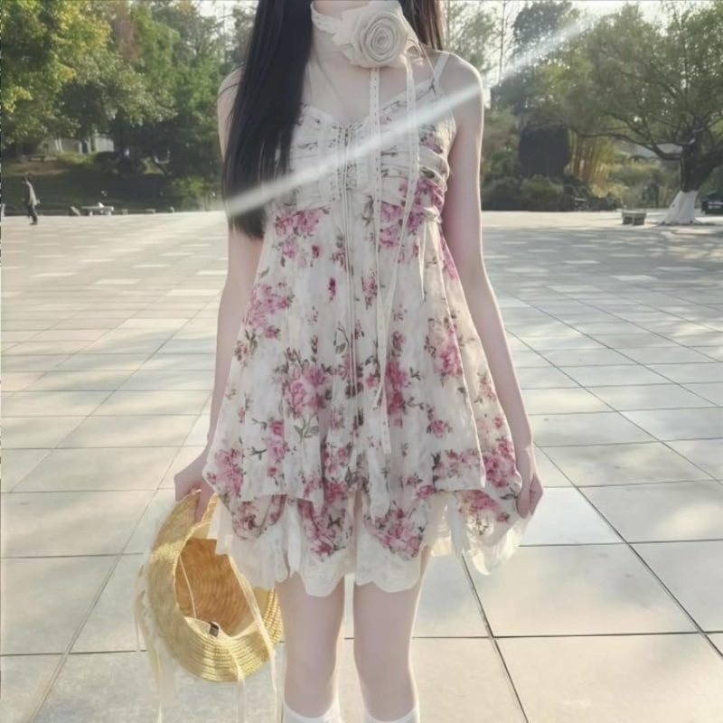 Spaghetti Strap Lace Mini Dress 2000s Women Cute Summer
