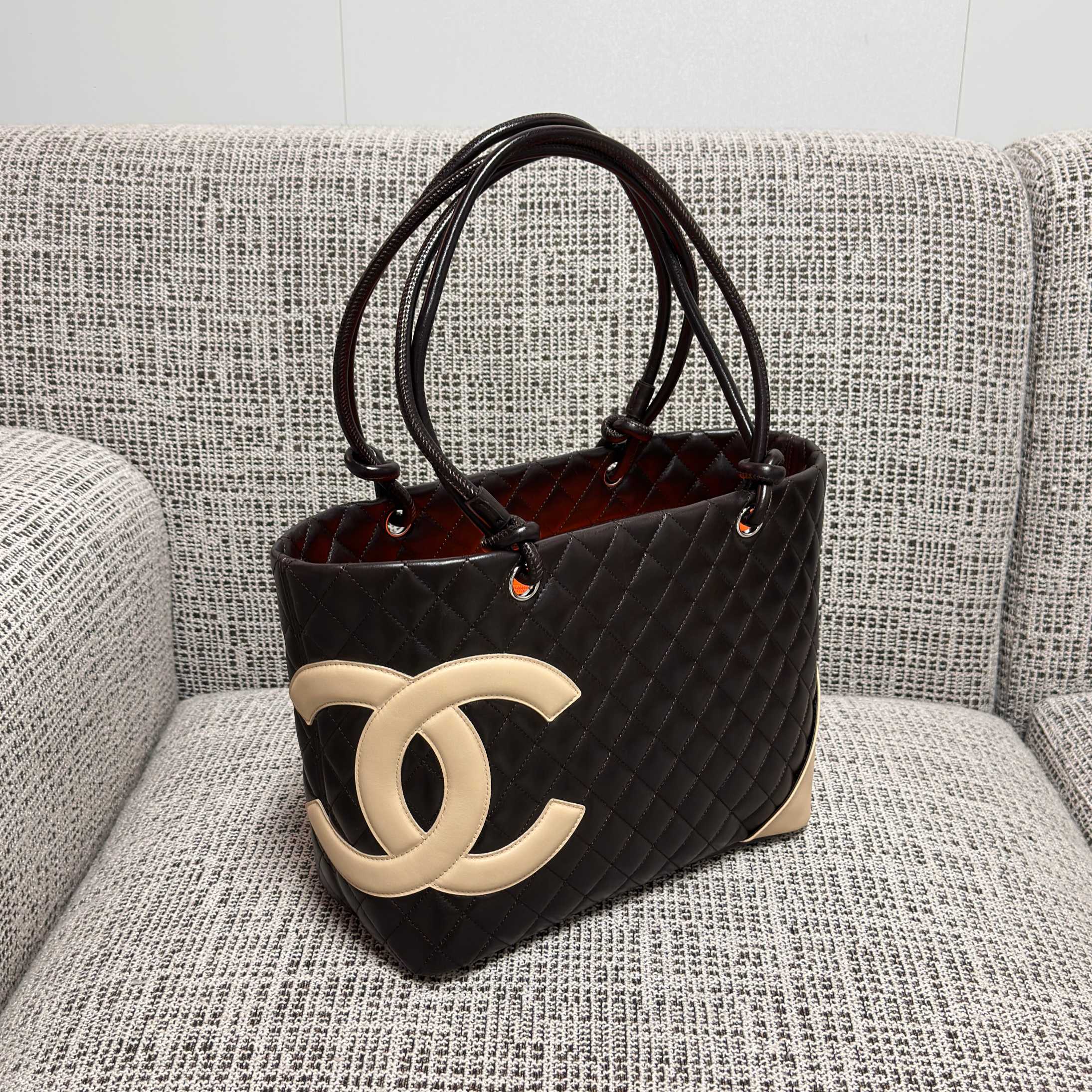 Vintage Cambon Quilted Lambskin Large Tote Bag in Black & Beige