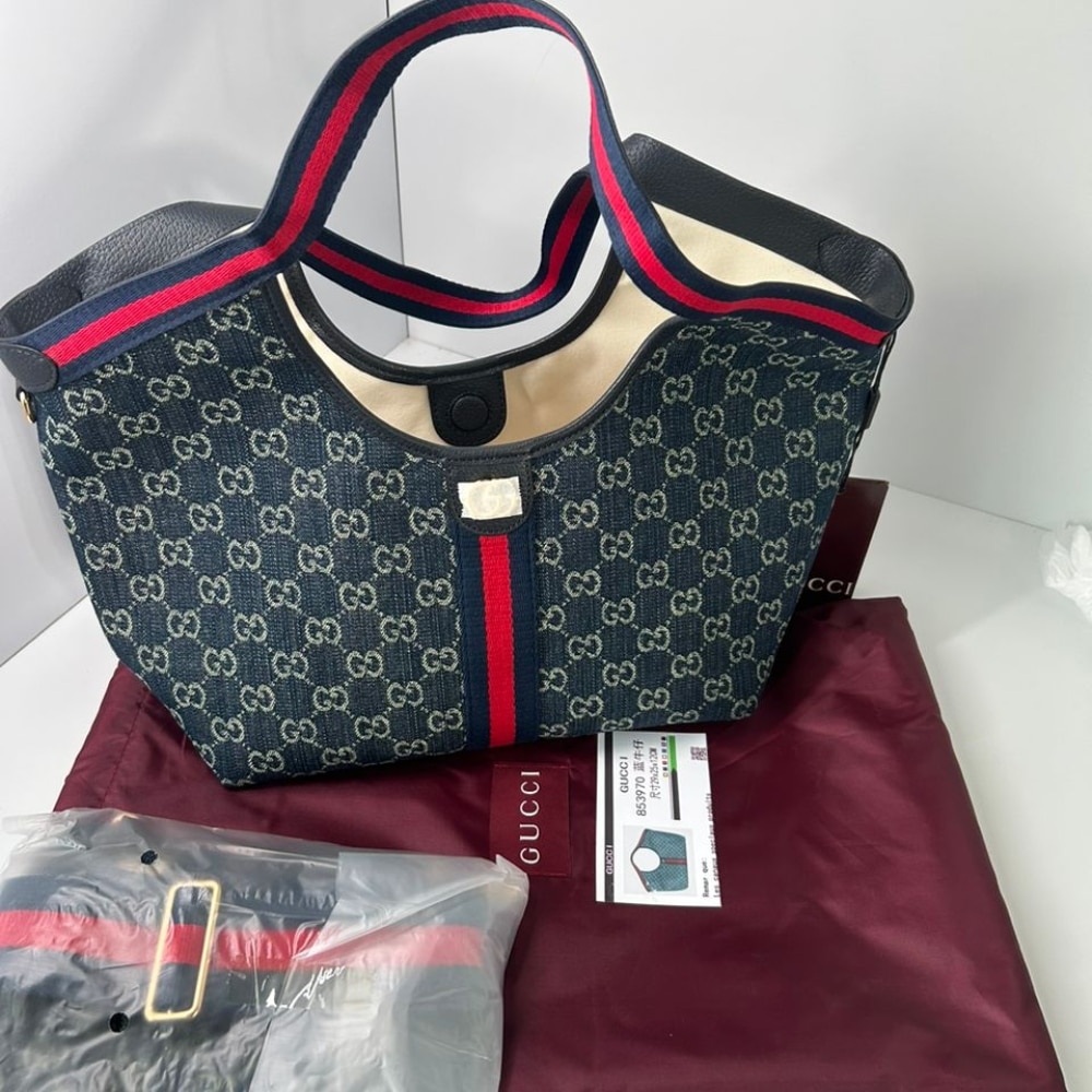 Gucci Giglio Small Tote Bag Blue And White GG Denim 25cm 860845 FAFRW 8864