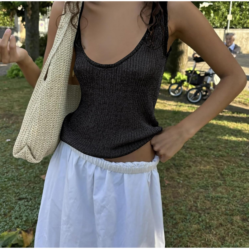 Women Sexy Fishnet Knit Glittering Scoop Neck Crop