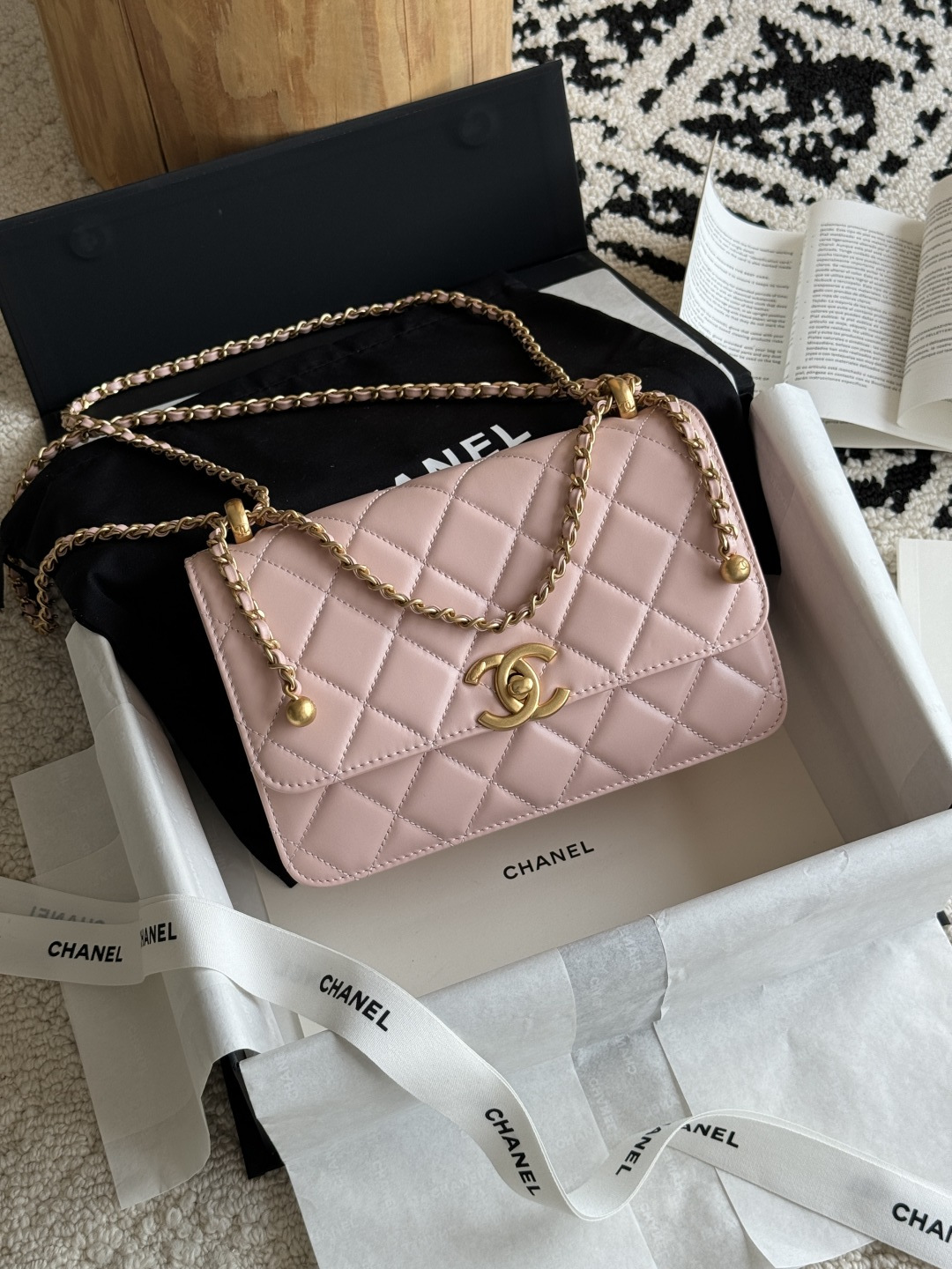 Wallet On Chain (WOC) with Double Gold Balls in Light Pink Quilted Shiny Caviar Leather with Antique Gold-Tone Hardware