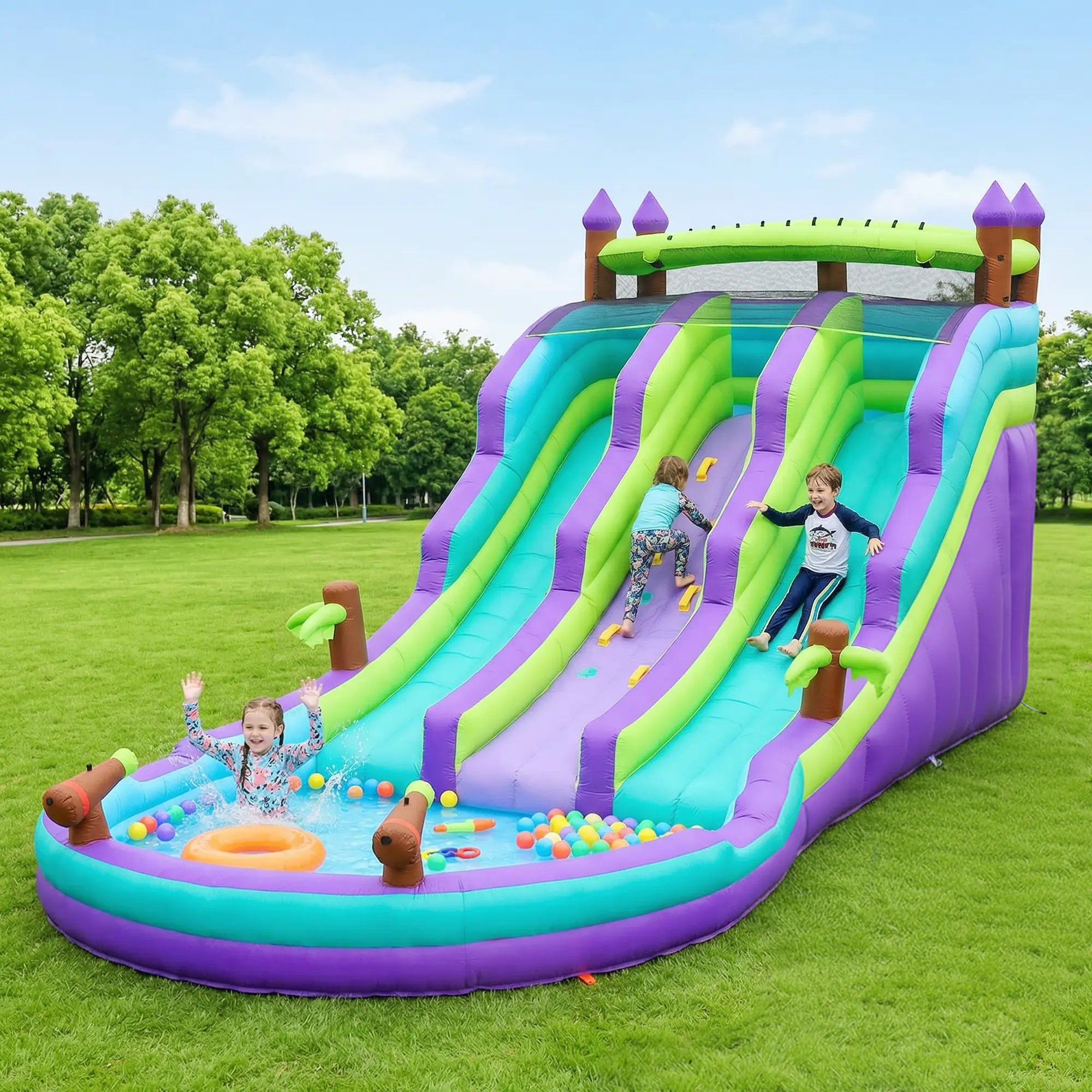 🔥Summer Deal🔥 Inflatable Water Slide Park with Splash Pool & Water Cannons