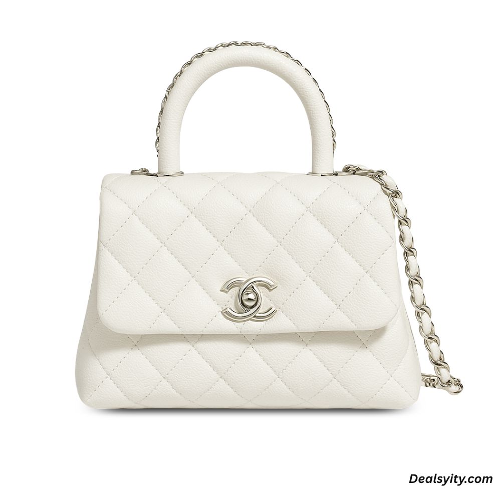 Chanel Coco Classic Flap Bag 24cm/9.4in Caviar Leather Silver Hardware – White.