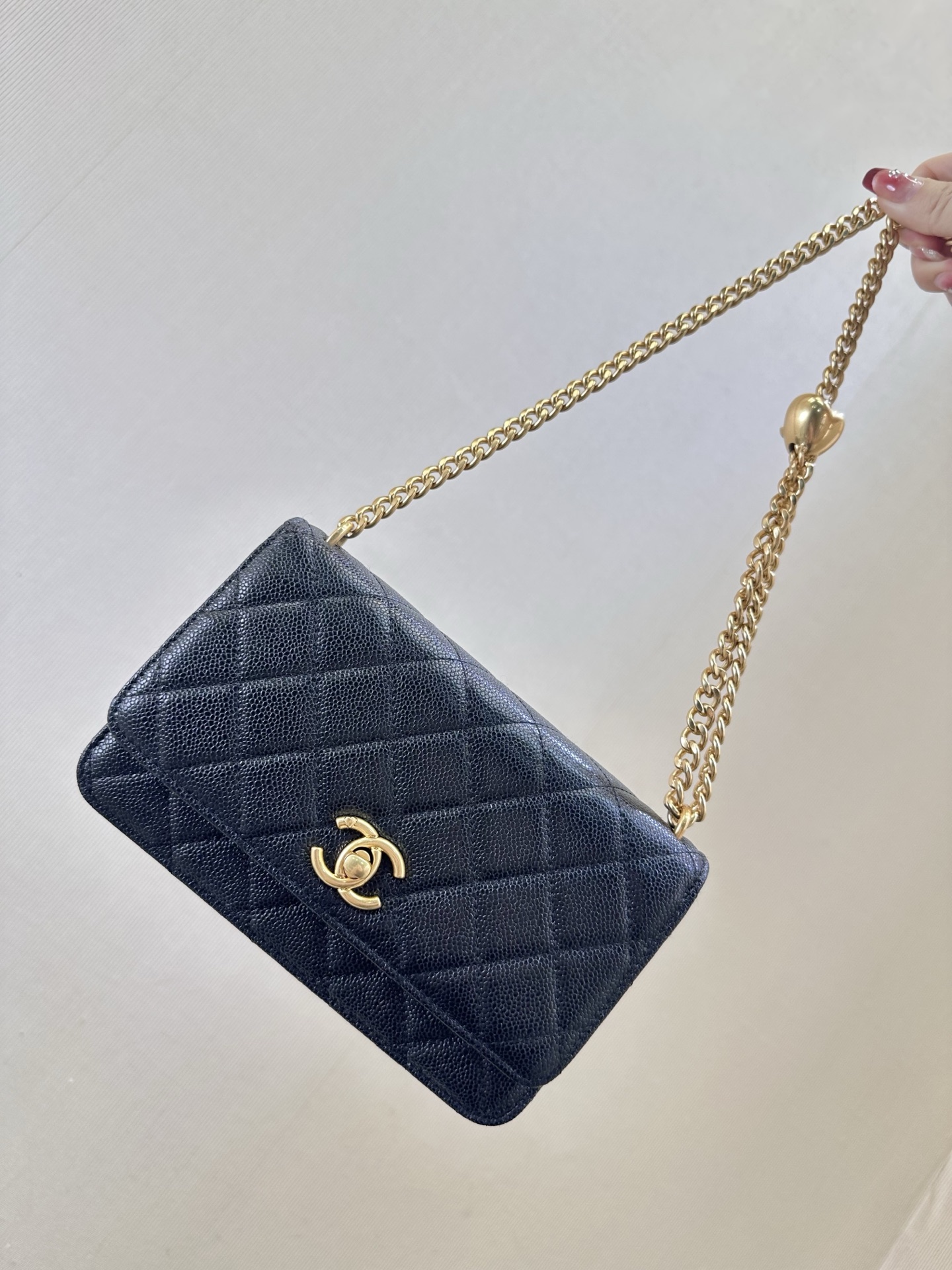 Classic Quilted Caviar Wallet on Chain with Heart Gold Ball in Black (Gold Hardware)