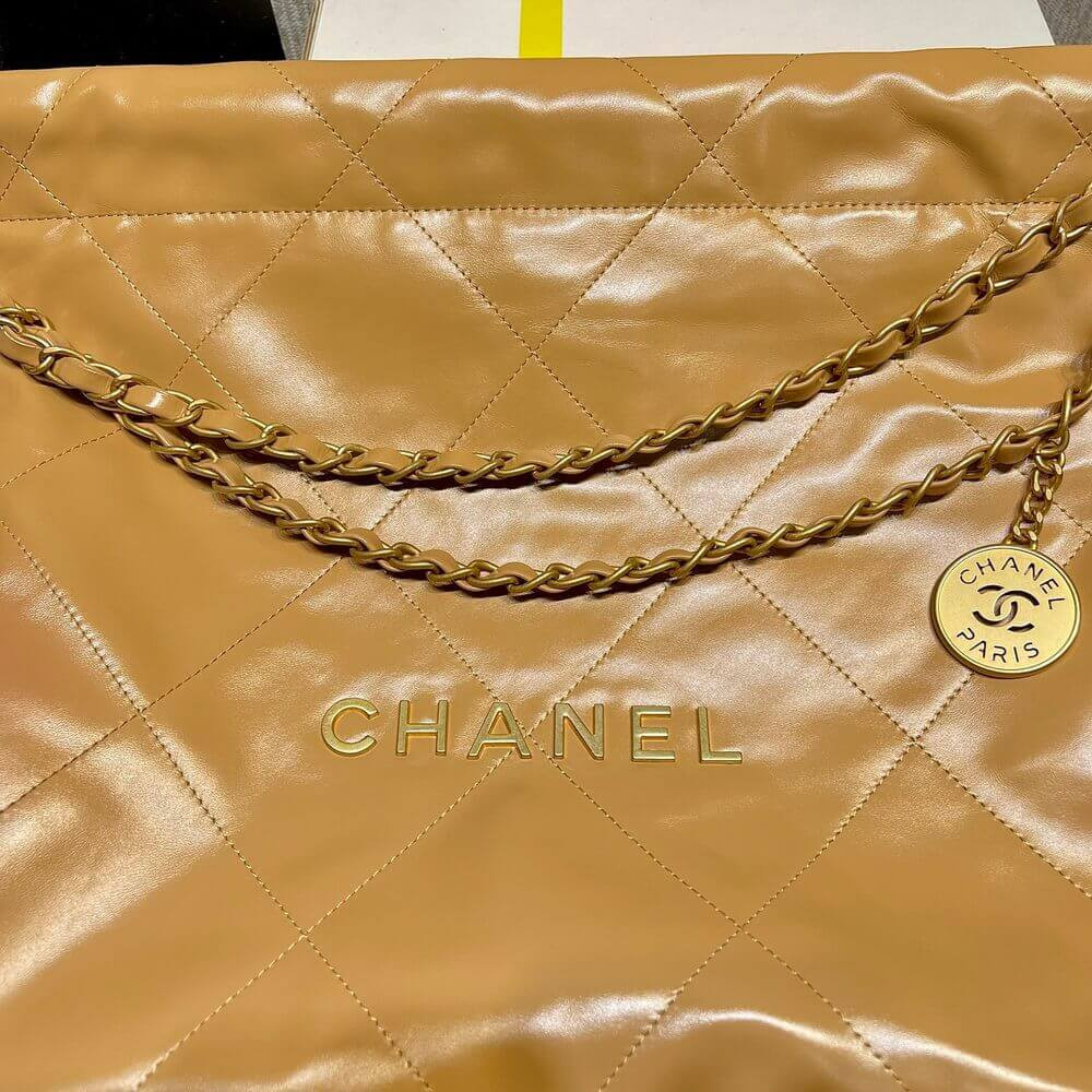 Chanel 22 Small Handbag Shiny Calfskin Camel Gold Metal