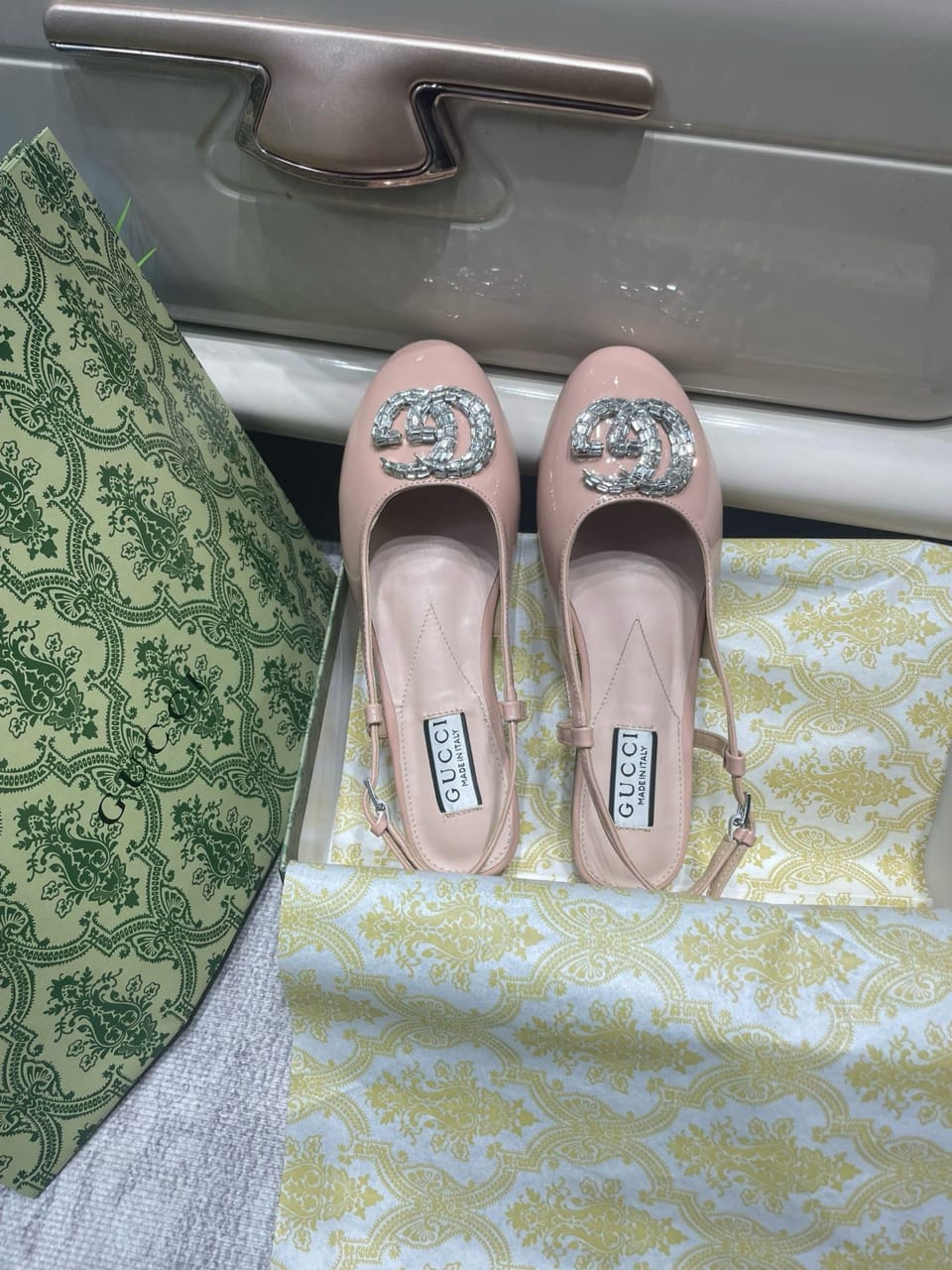 Gucci Logo Embellished Slingback Flats Light Pink