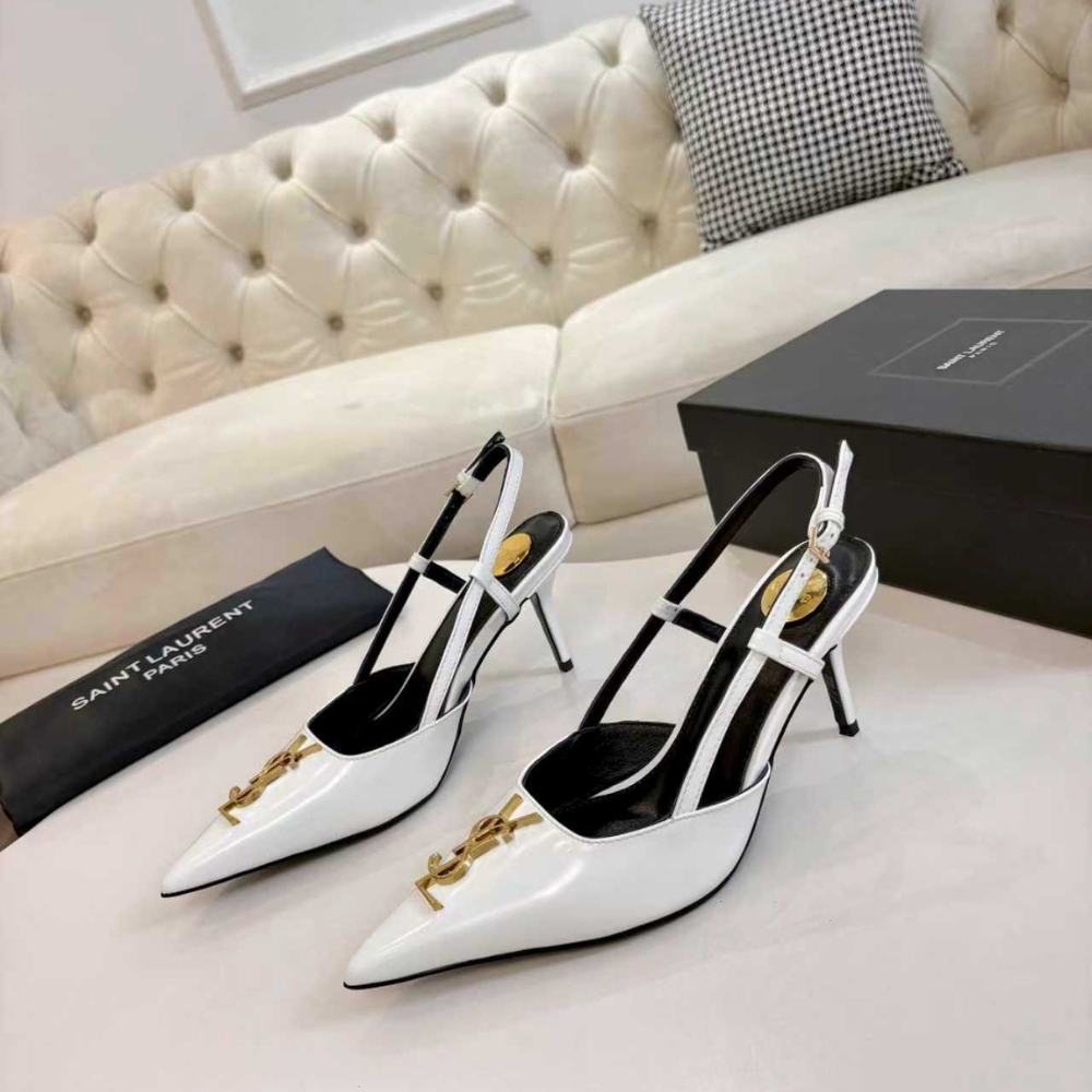 Saint Laurent Pointed Toe Slingback Pumps With Gold Tone Metal White