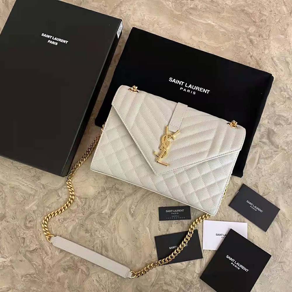 Saint Laurent Envelope Small Bag In Mix Matelasse Grain De Poudre Embossed White