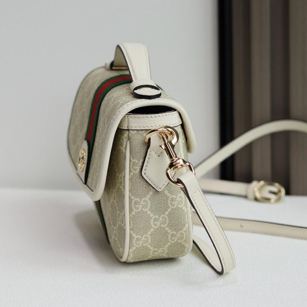 Gucci Ophidia Small Top Handle Bag 20cm/7.9in Beige And White GG Fabric 836843