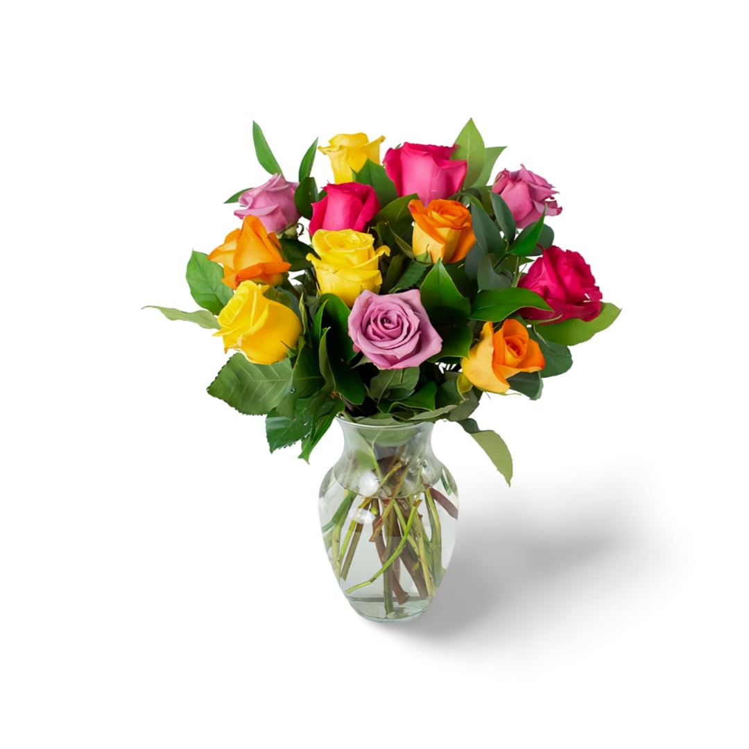 KaBloom - 12 Assorted Roses and Greens with Vase - Fresh Flowers for Birthday, Valentine's & Mother's Day