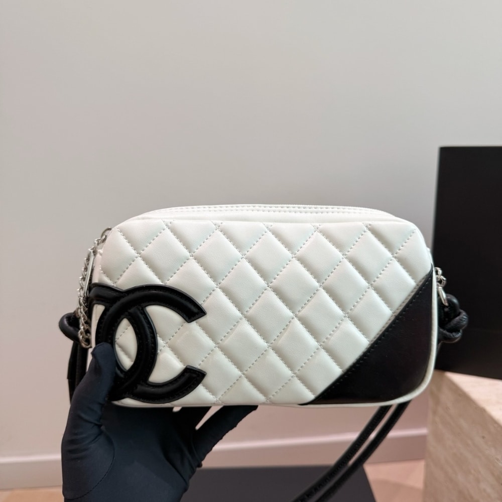 Chanel Cambon Pochette Quilted Leather White And Black 22Cm